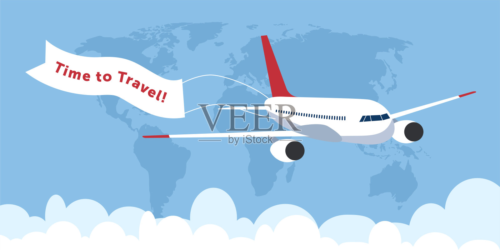 飞机正在飞行。飞机在天空的云之间。矢量插图的一架飞机。让我们去旅行吧插画图片素材