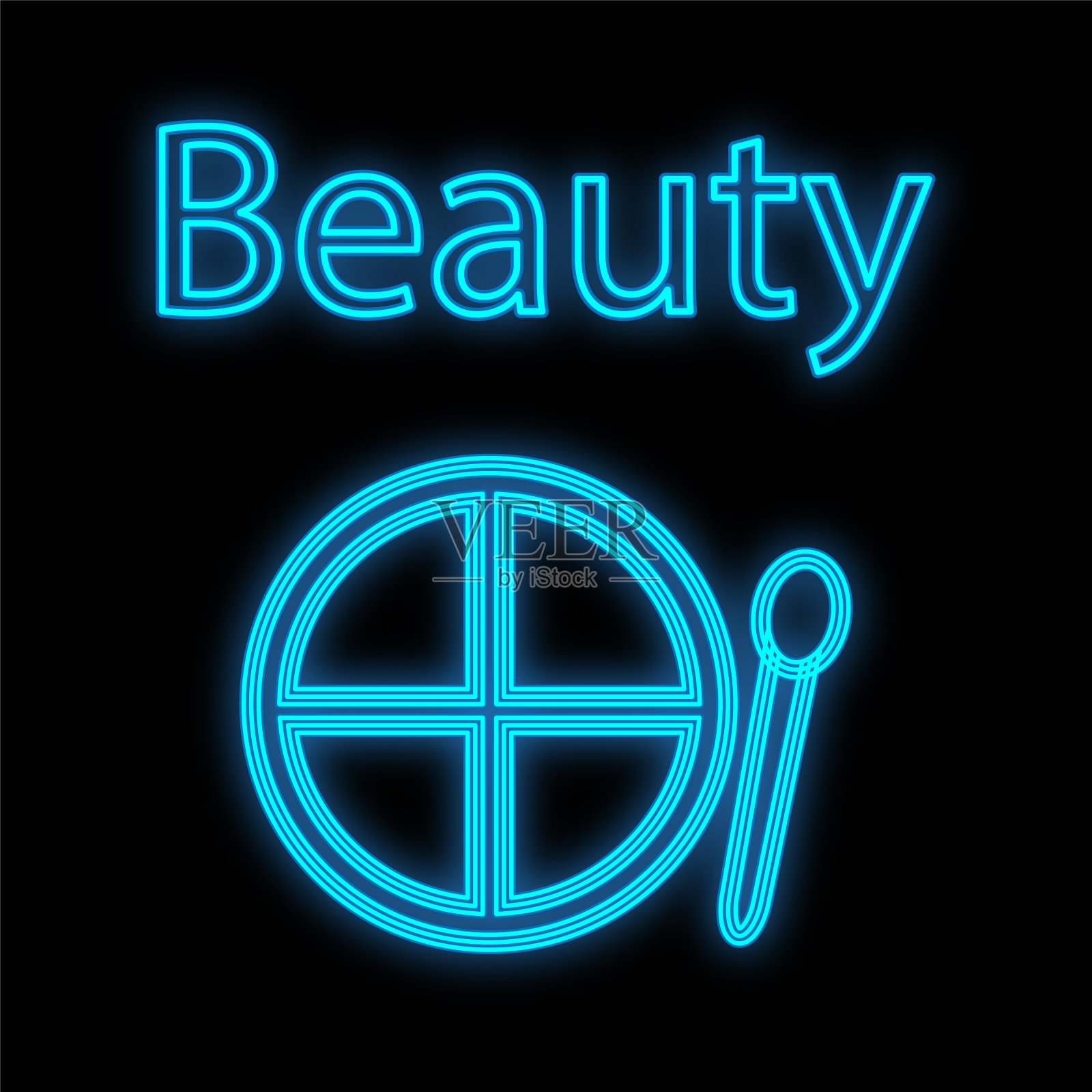 蓝色的眼妆和眼睑。脸上装饰用的霓虹灯阴影。用软毛刷涂可爱的化妆板。标志和标志的化妆艺术家矢量插图插画图片素材