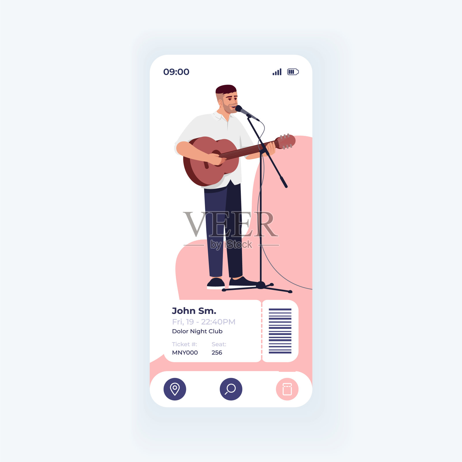 事件门票预订应用程序智能手机接口矢量模板。手机应用页面灯光设计布局。演唱会细节屏幕。应用程序的平面UI。流行音乐家的手机显示插画图片素材