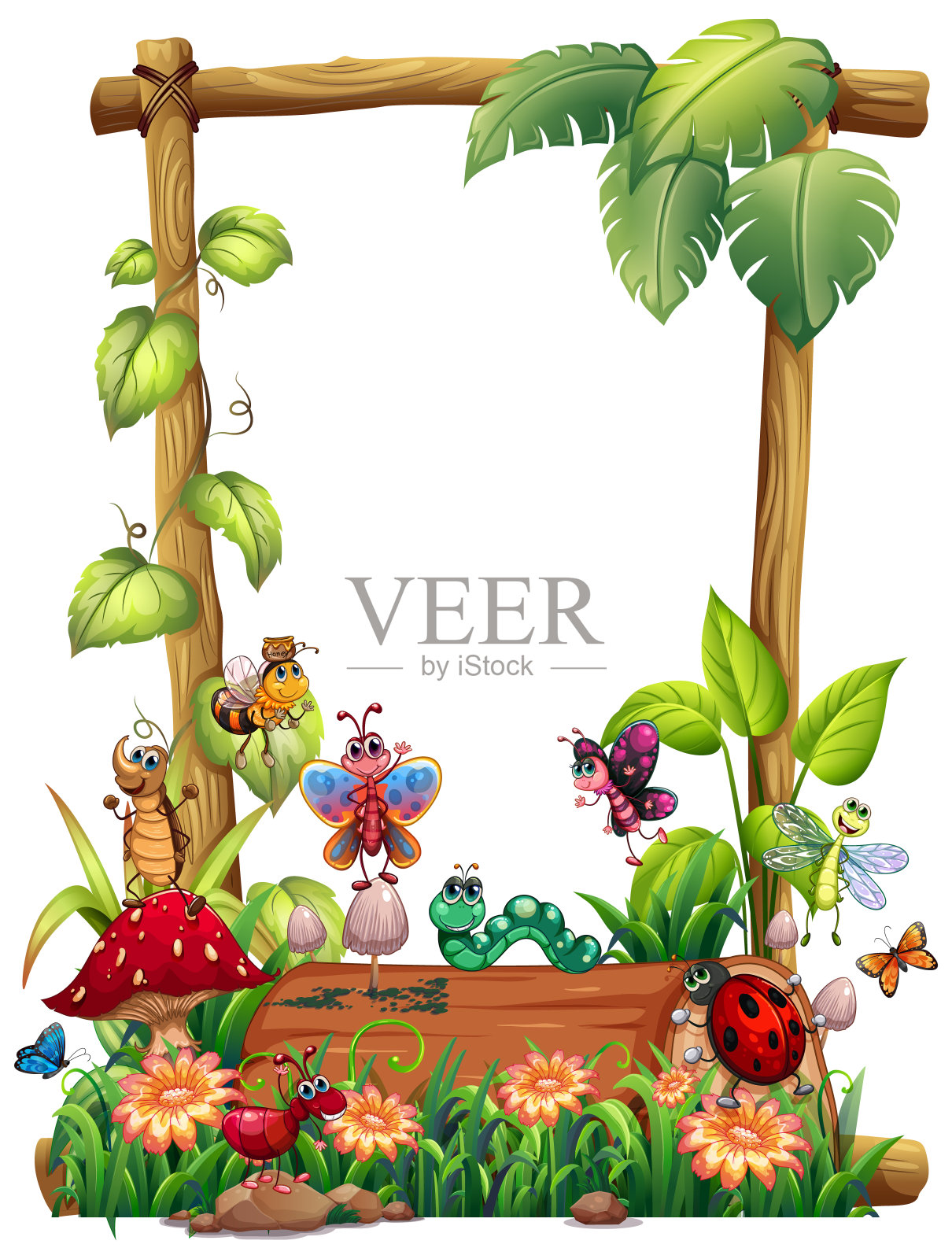 空白木框架模板与动物园设置隔离插画图片素材