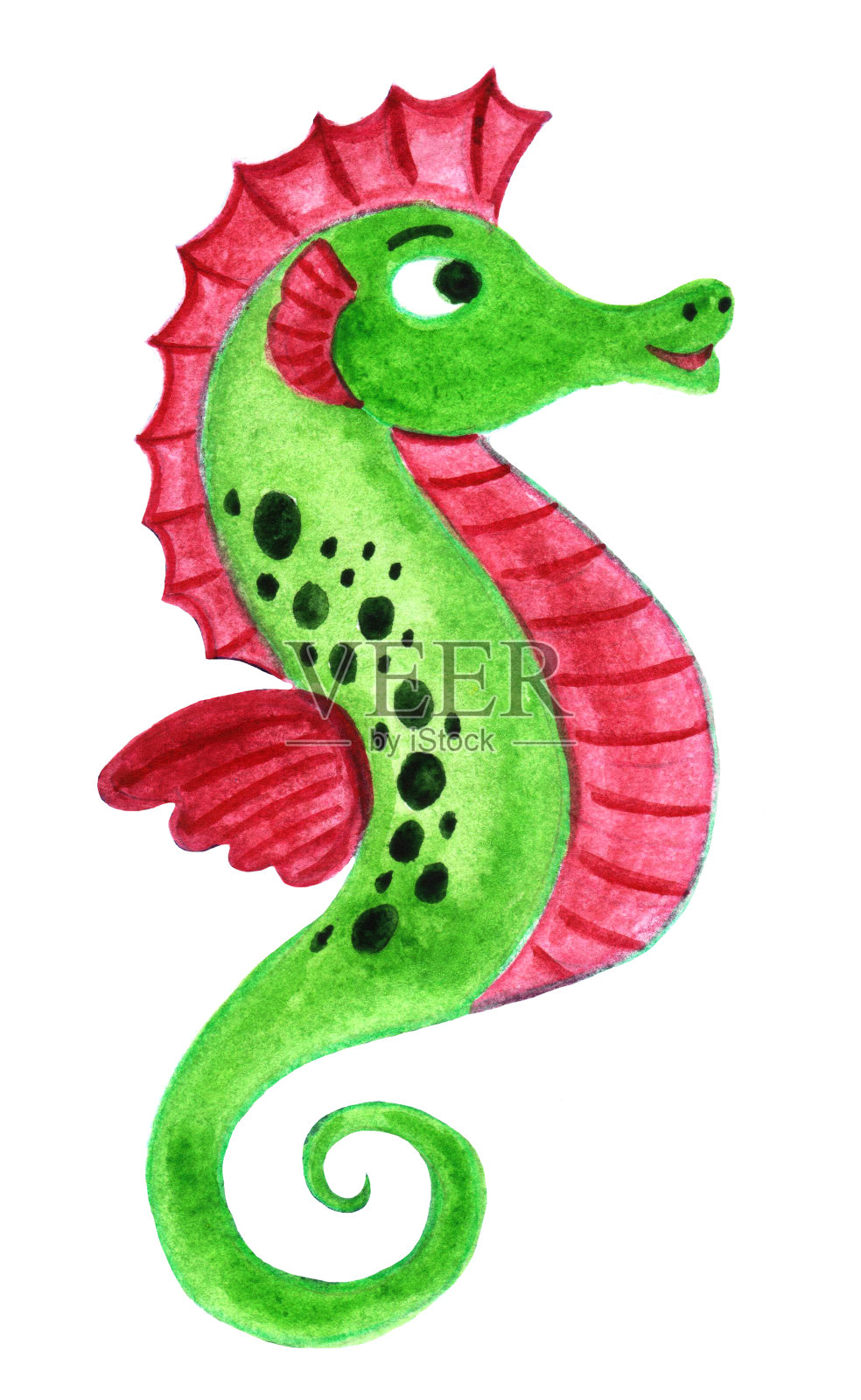 水彩绿色卡通手绘海马插画图片素材