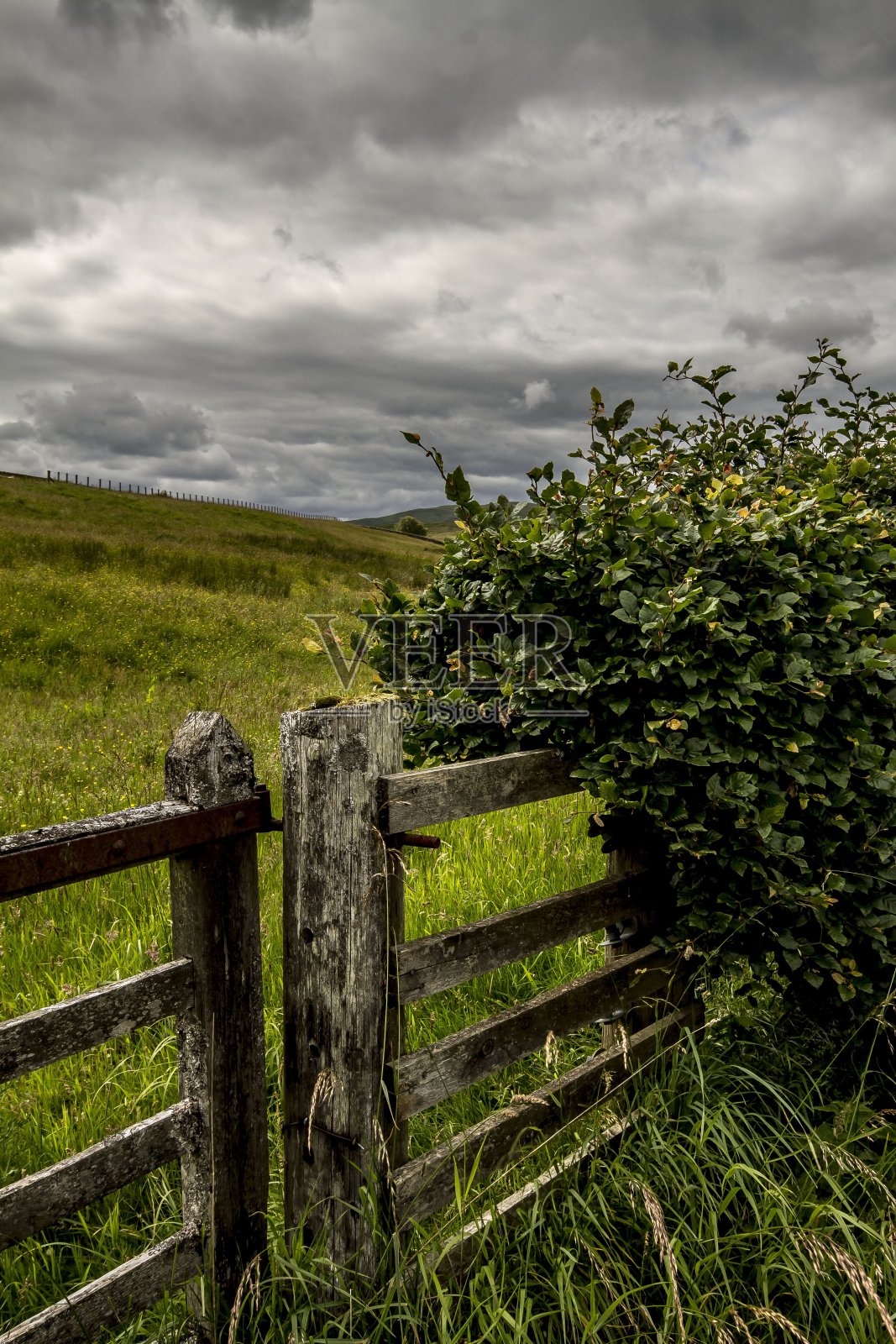 风暴云和苏格兰边界的旧栅栏。照片摄影图片
