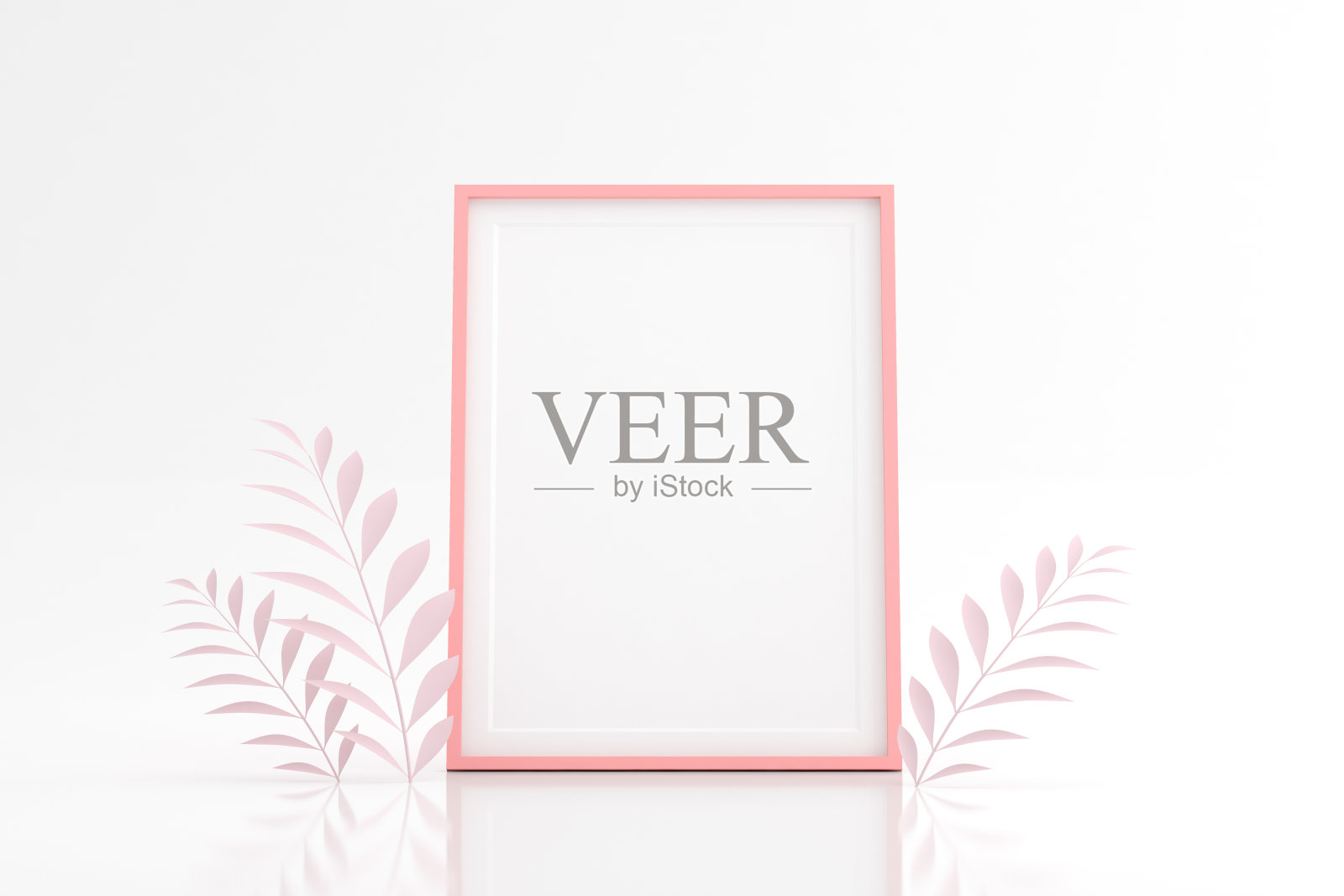 模拟的空白画框与树叶在白色的背景。3 d渲染。照片摄影图片