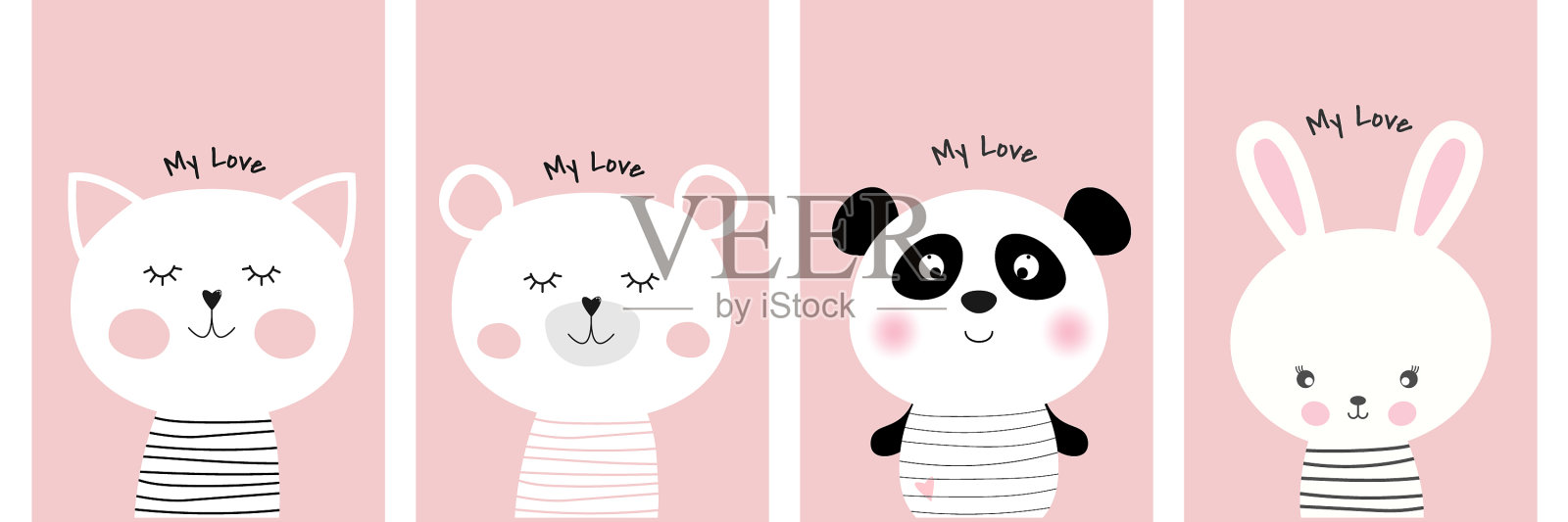 有趣的动物角色猫，熊，熊猫，兔子插画图片素材