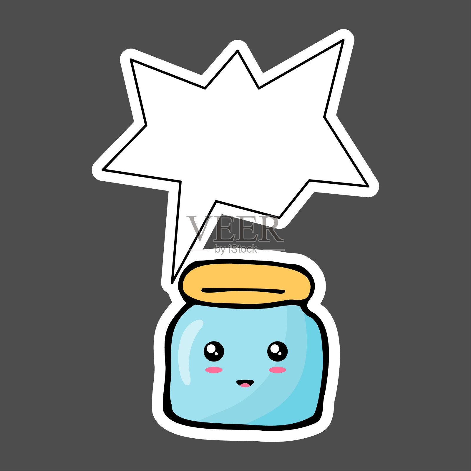 卡哇伊贴纸彩色卡通罐子与思想泡泡。矢量插图孤立在黑暗的背景。设计元素图片