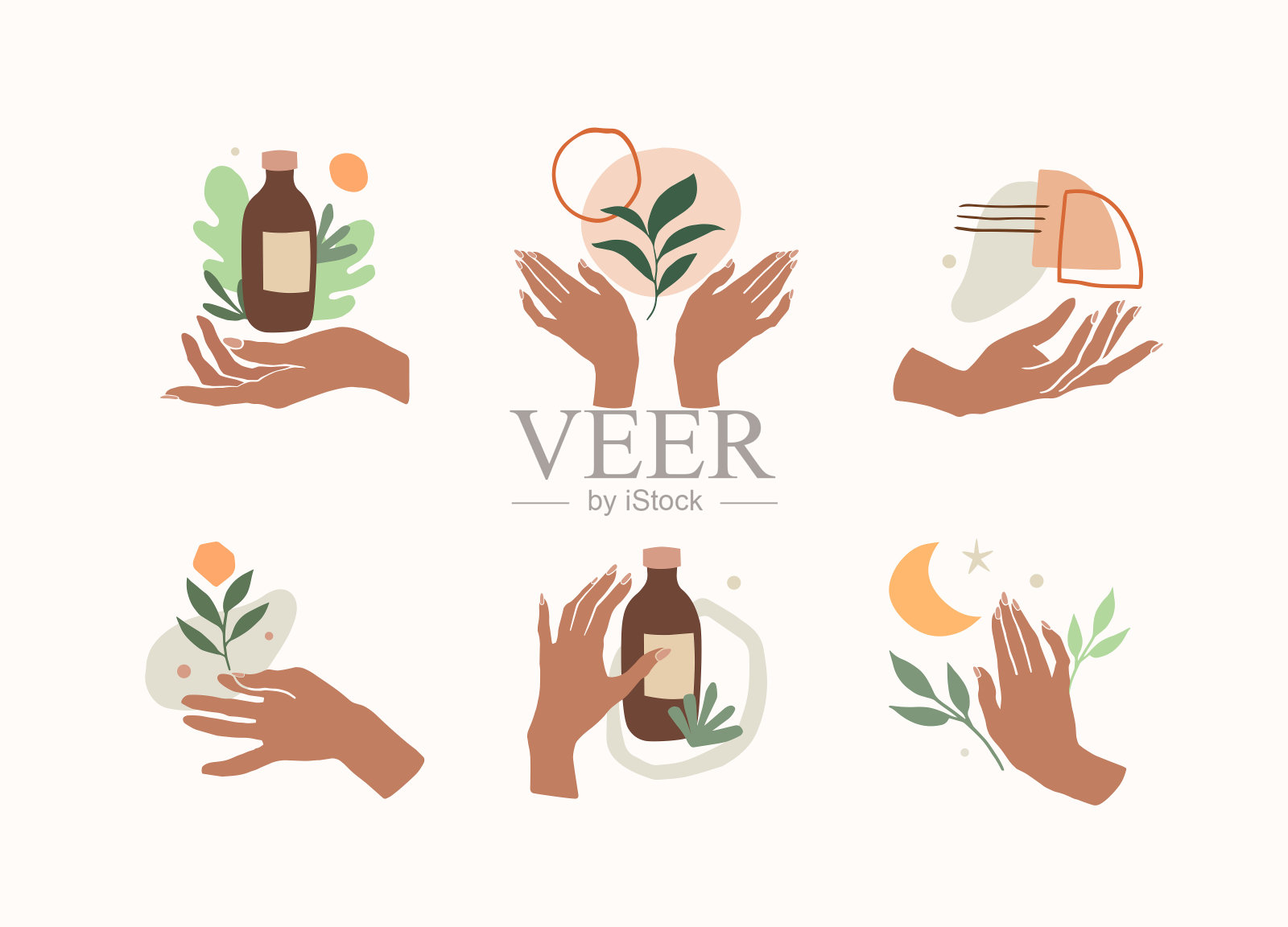 女性手中的有机植物天然化妆品。一套水疗生物乳霜插画图片素材