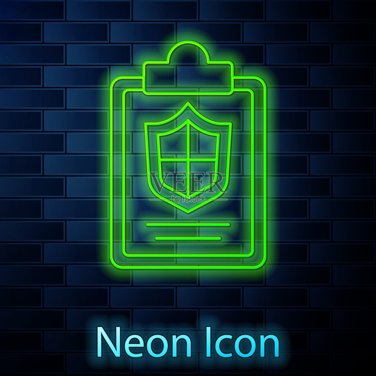 发光的霓虹灯线文件与盾牌图标隔离在砖墙背景。保险的概念。安全、安全、保护、保护理念。向量插画图片素材