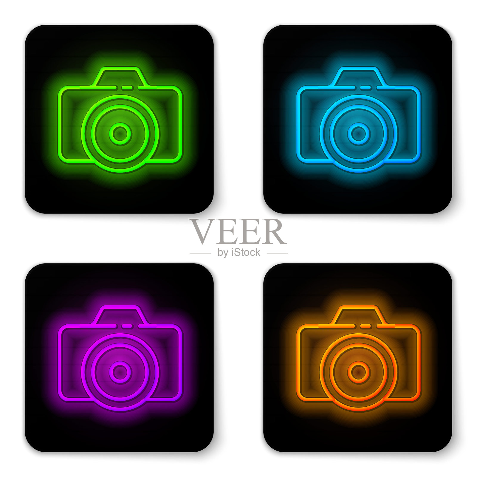 发光的霓虹灯线照片相机图标孤立在白色背景。与相机图标。黑色方形按钮。矢量图图标素材