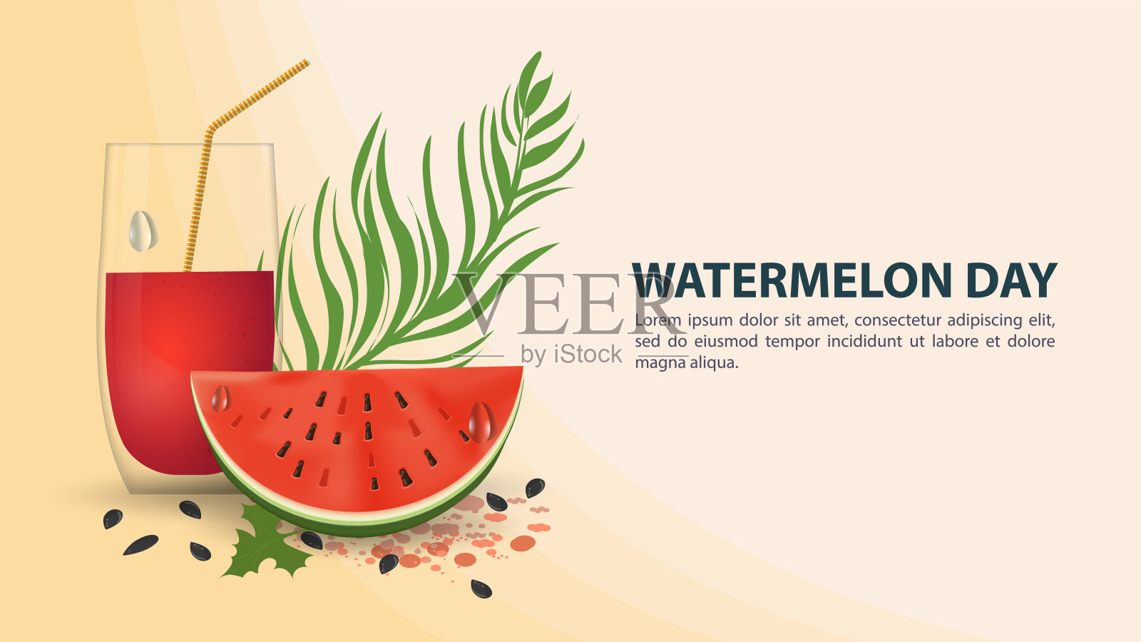 一杯切成薄片的西瓜汁，一个带有文字空间的活动标签，用于设计名片背景和网站插画图片素材