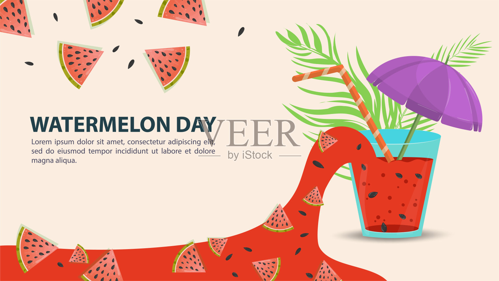 一个杯子，里面倒着西瓜汁和切好的浆果片，一个带有文字空间的活动标签，用于设计名片背景和网站插画图片素材