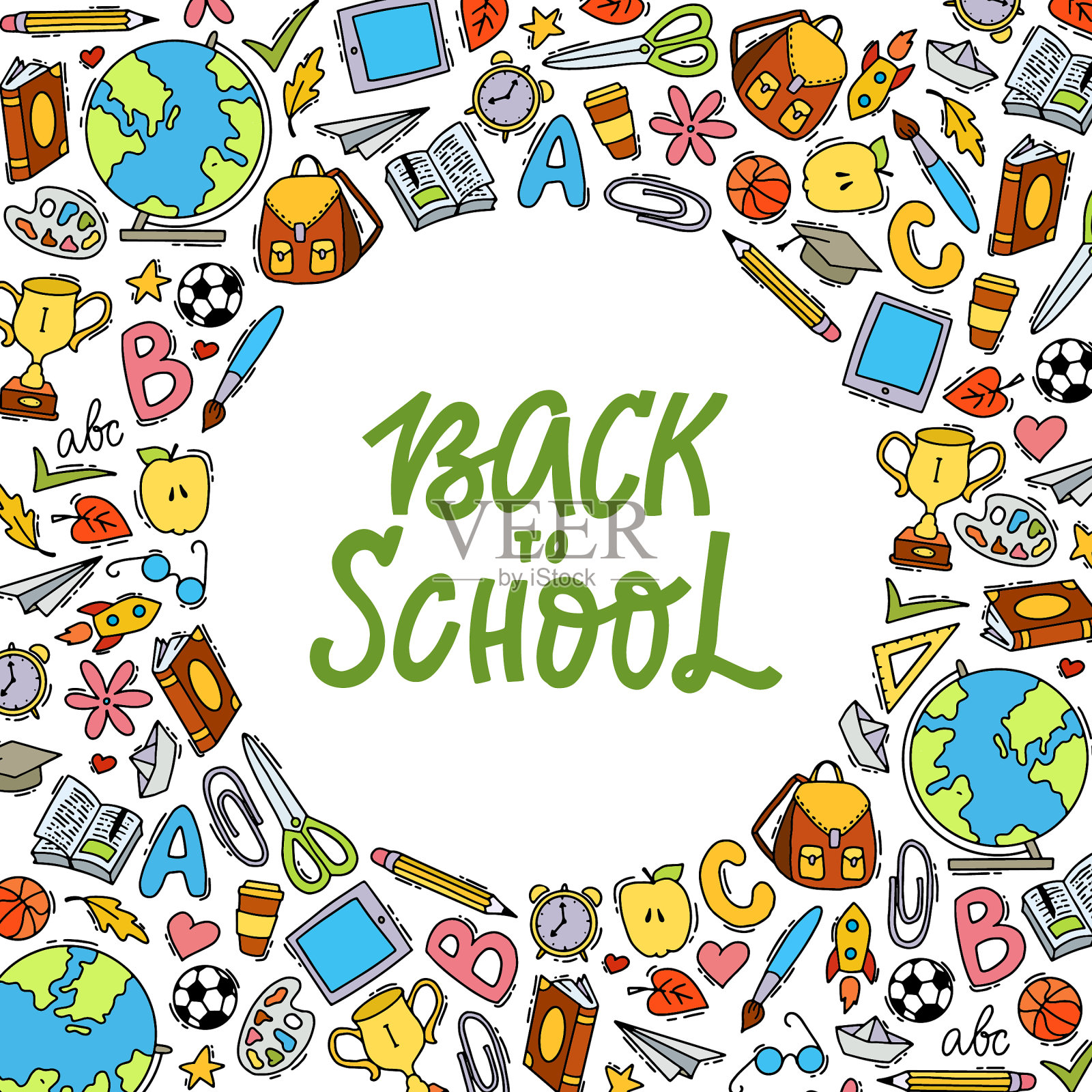 “回到学校”的文字，用涂鸦装饰插画图片素材