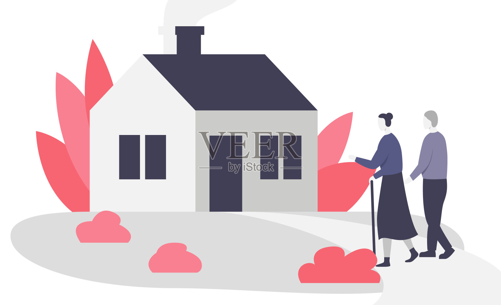 一对老年夫妇向房子走去。漂亮的小而舒适的房子，老人和妇女走在前面的草坪上。住宅建筑外部植物平面矢量插图插画图片素材
