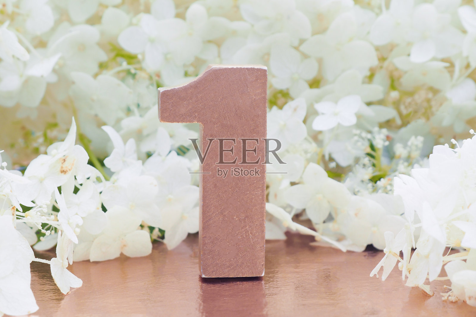 大量玫瑰金数字“1”和绣球花。照片摄影图片