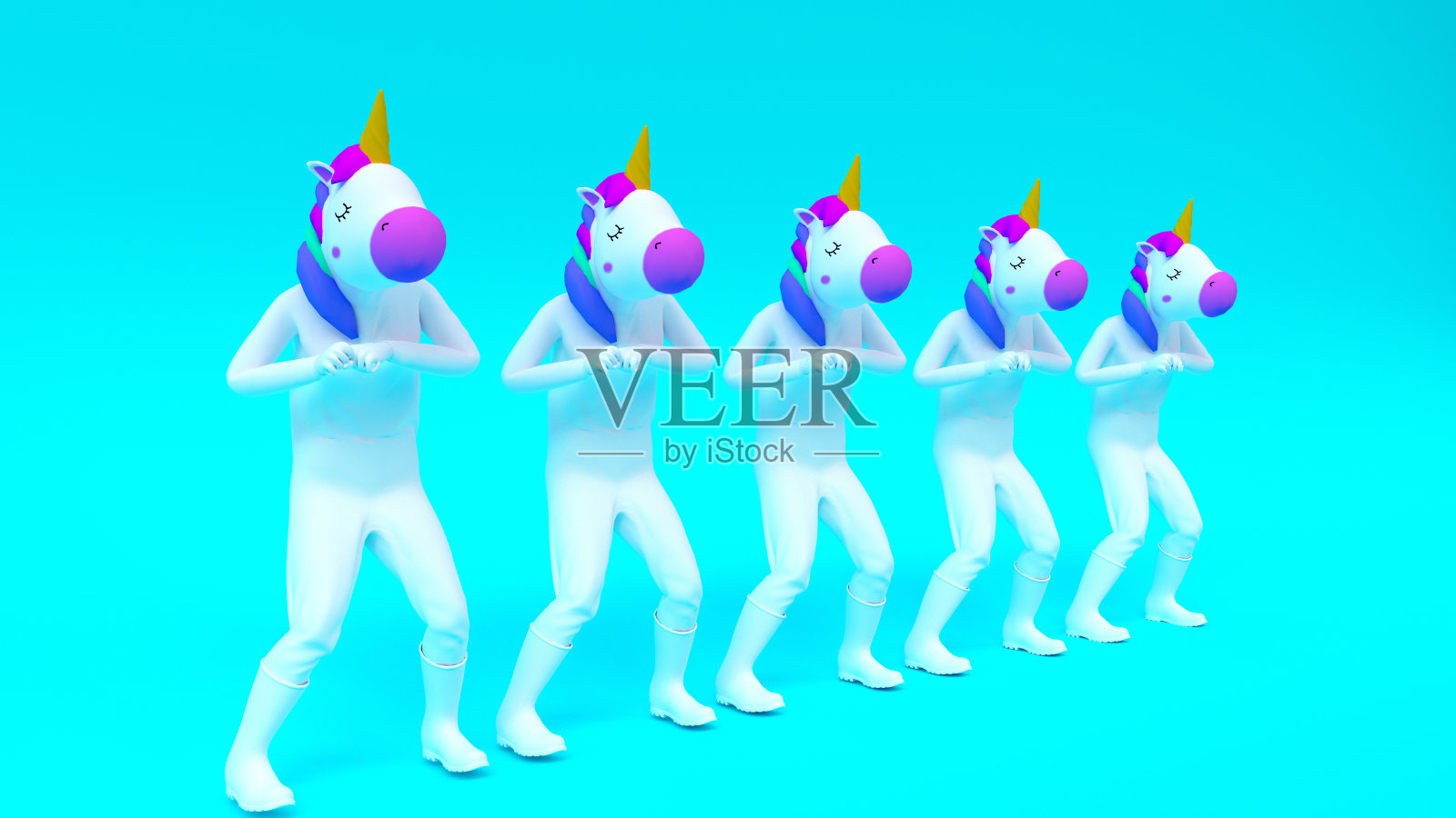 在小组中滑稽地舞蹈独角兽。愚蠢的跳舞照片摄影图片