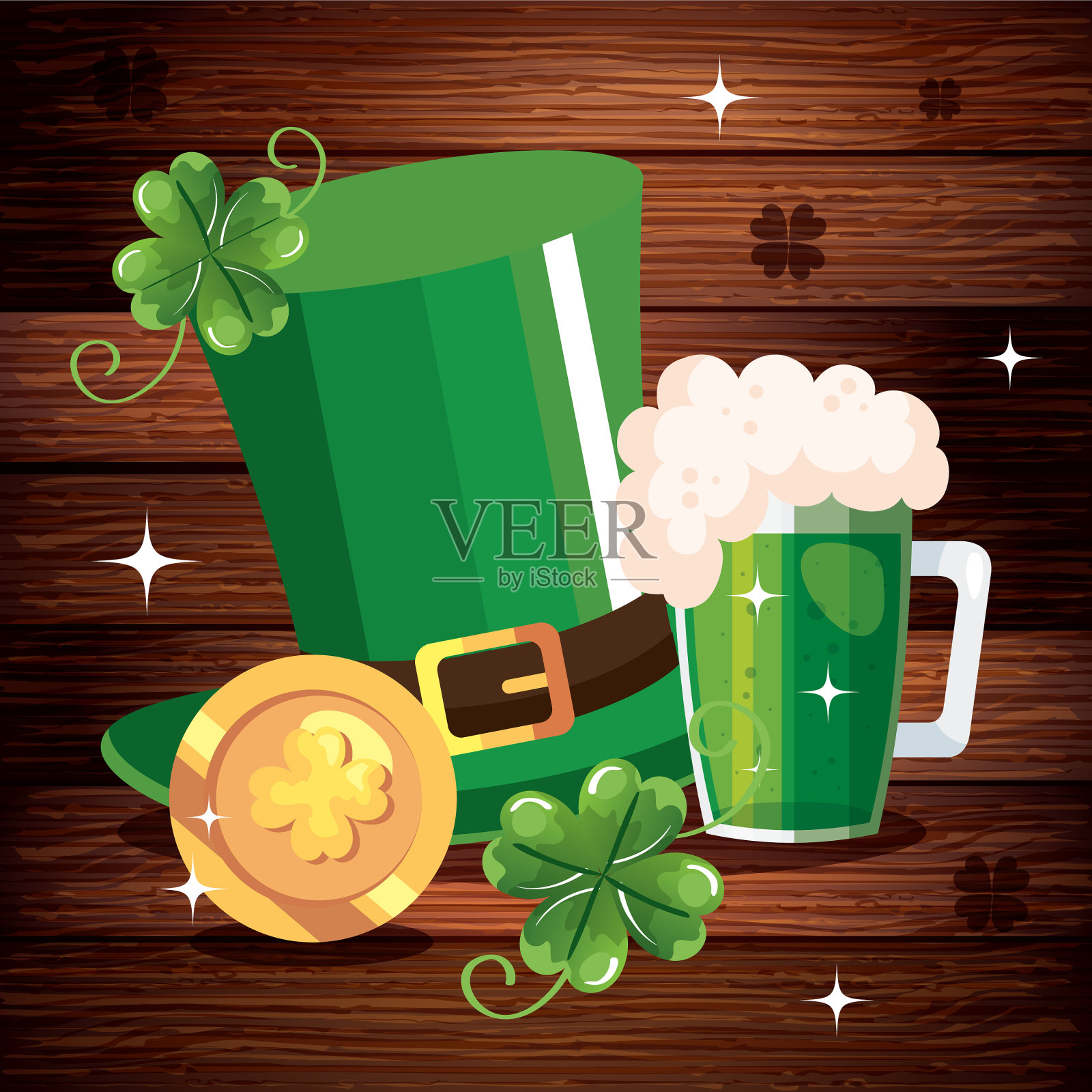 啤酒罐与大礼帽小妖精和硬币插画图片素材