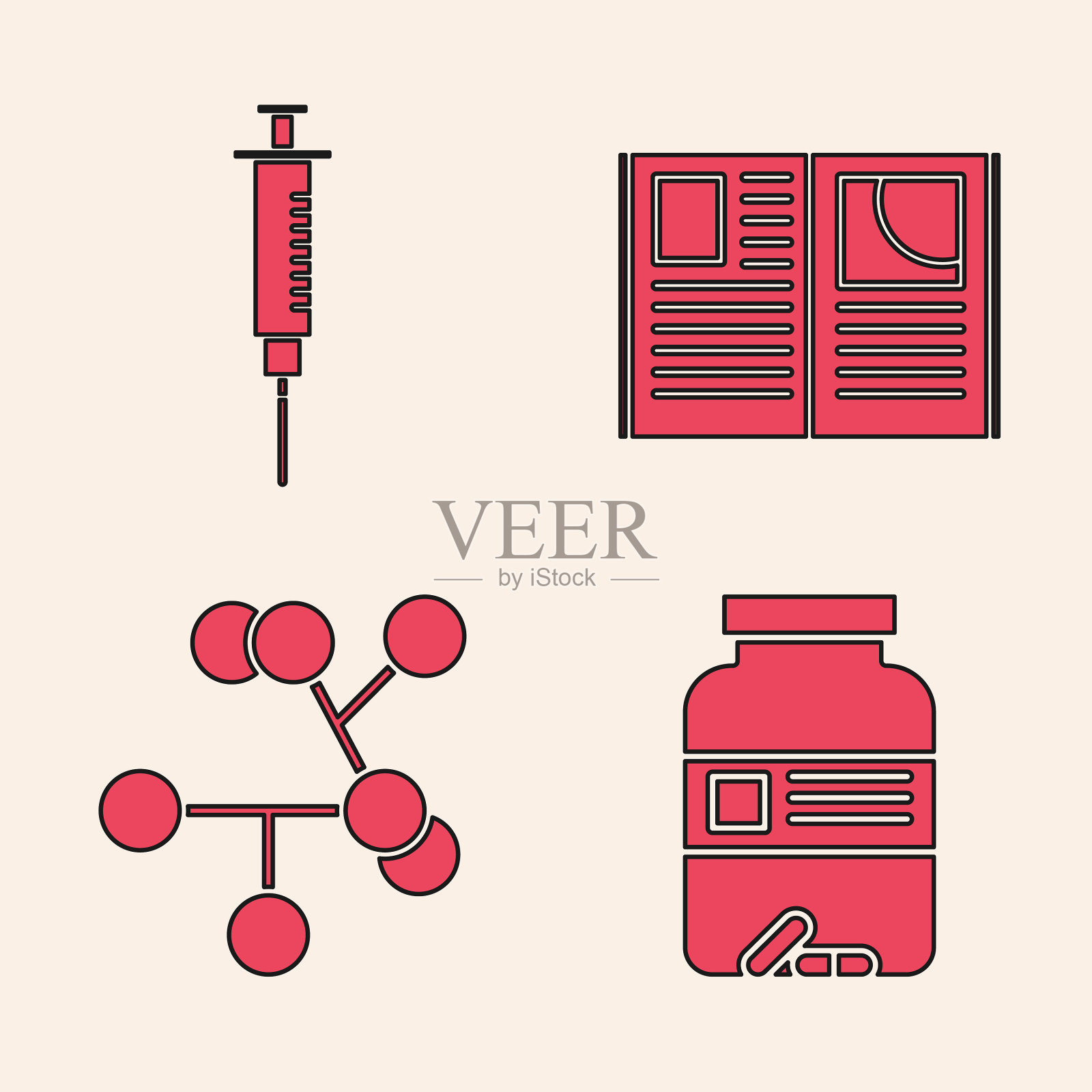 设置药瓶和药丸注射器打开书图标素材