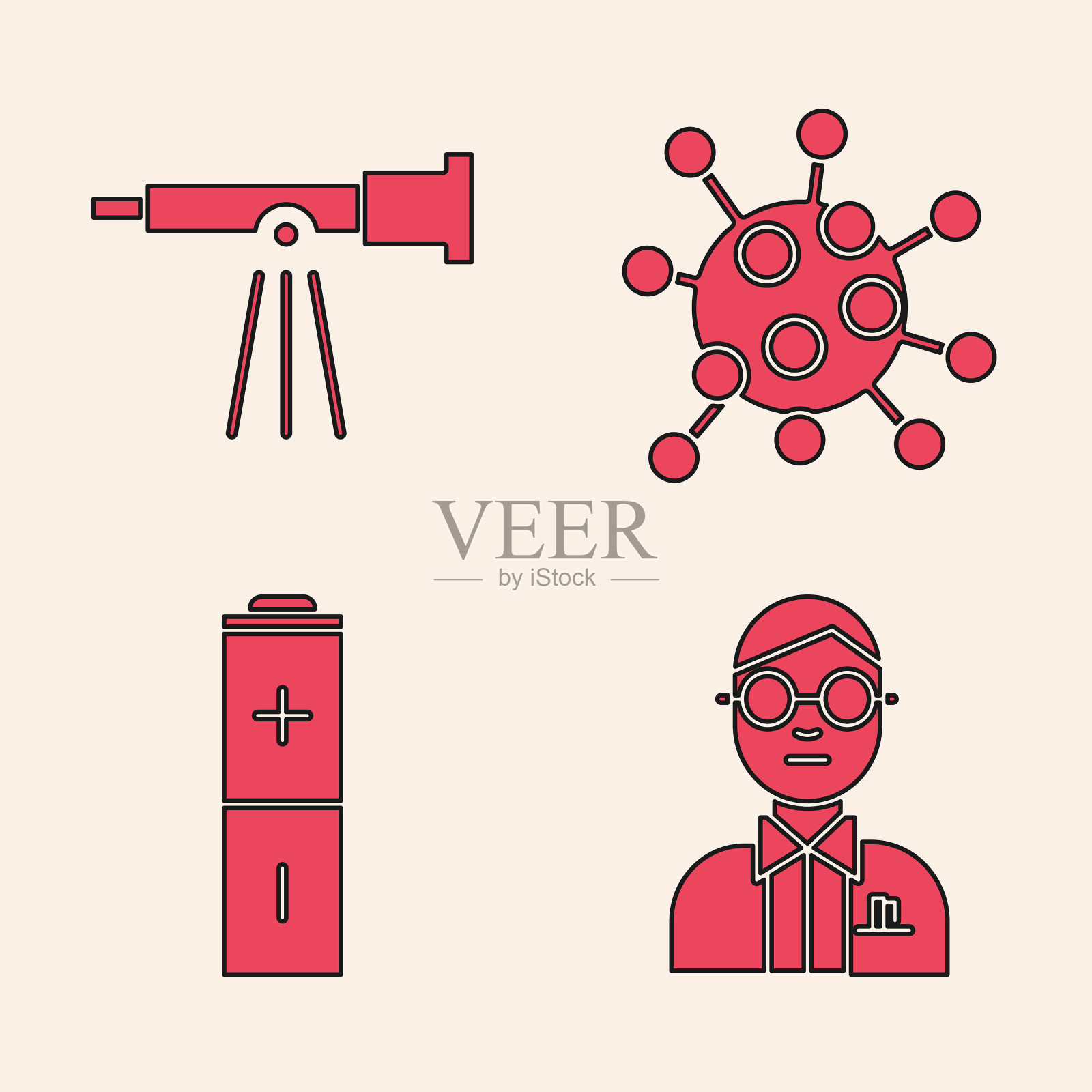 设置科学家望远镜细菌和电池图标素材