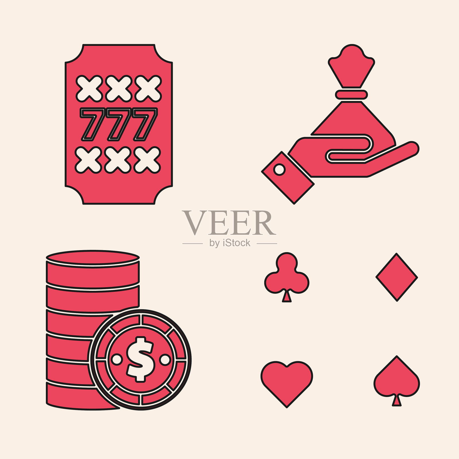 设置有幸运7的扑克牌老虎机图标素材