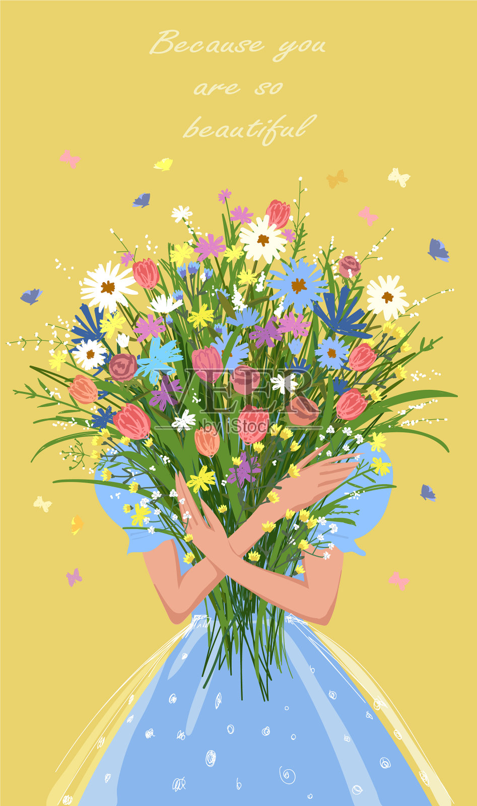 手里拿着一束花的女孩插画图片素材