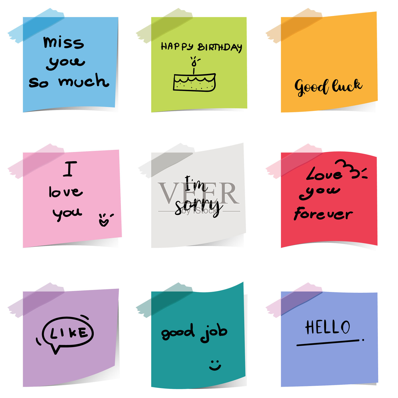 彩色粘性便条纸与文字在白色插画图片素材