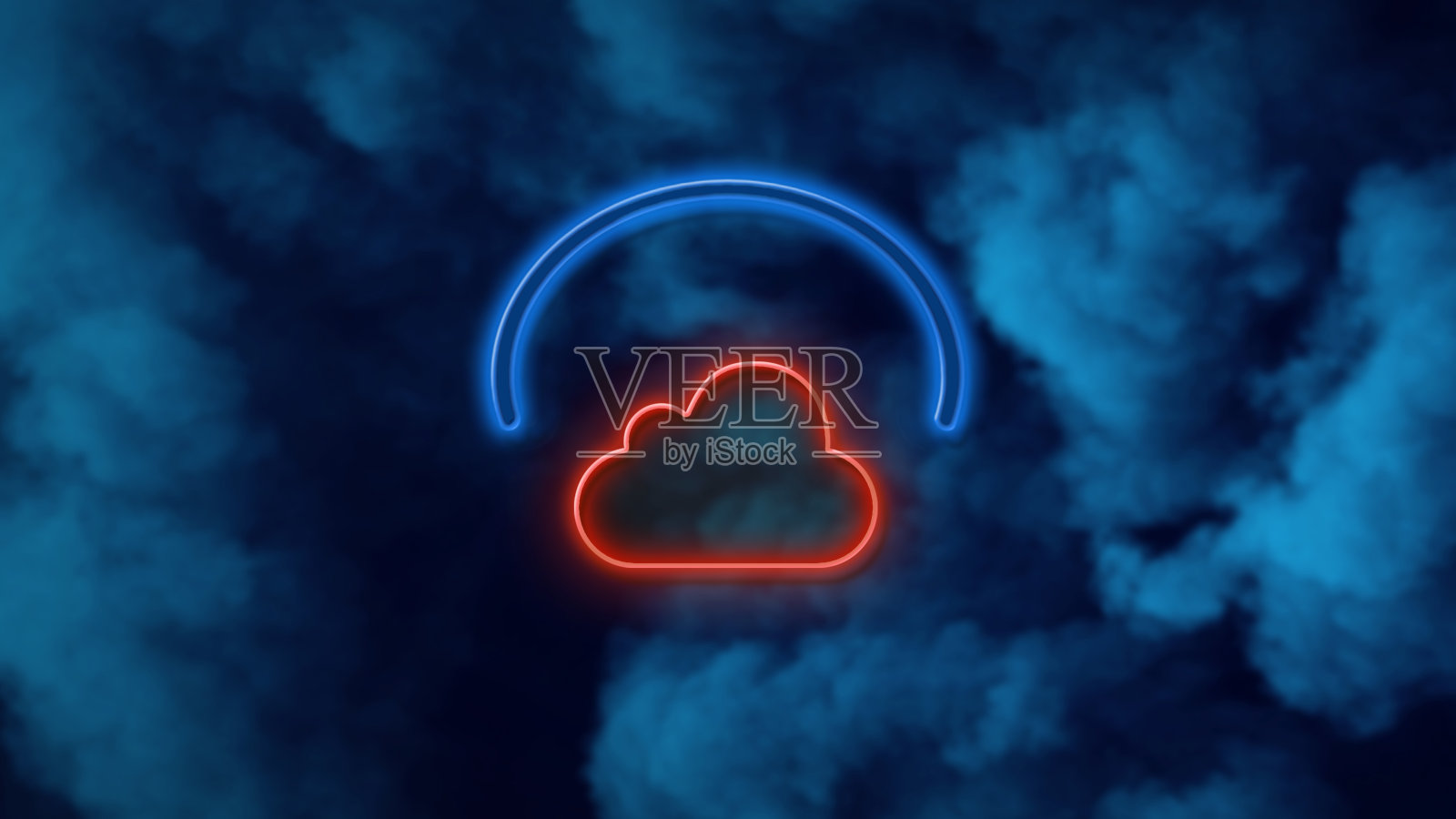 蓝色背景下霓虹灯上的云计算符号照片摄影图片