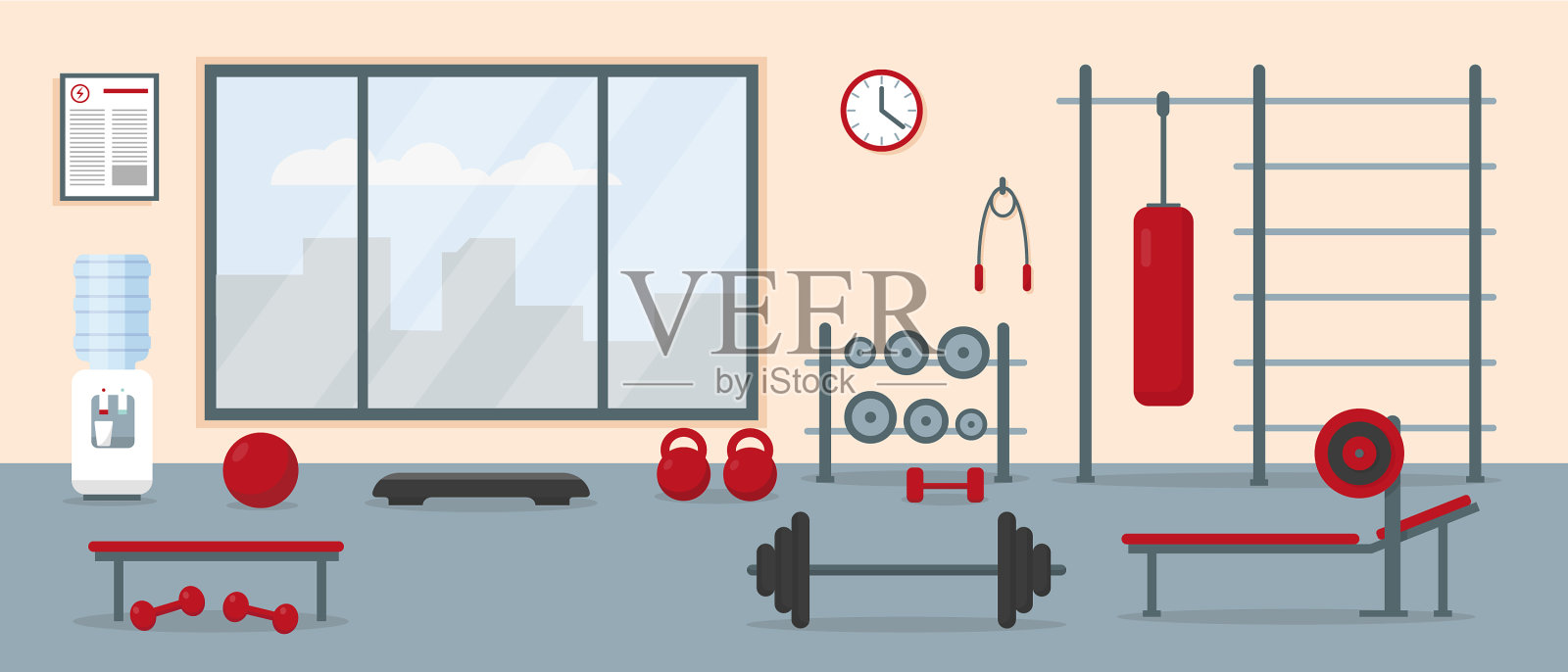 健身房内部配备健身设备插画图片素材