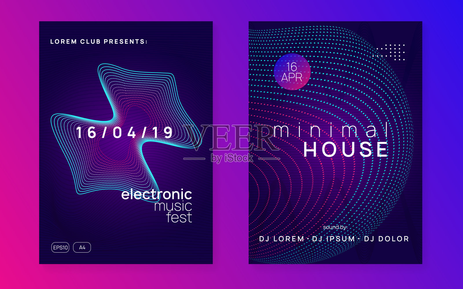 霓虹灯俱乐部传单。电子舞曲。恍惚dj。电子声音电影节。科技活动的海报。插画图片素材