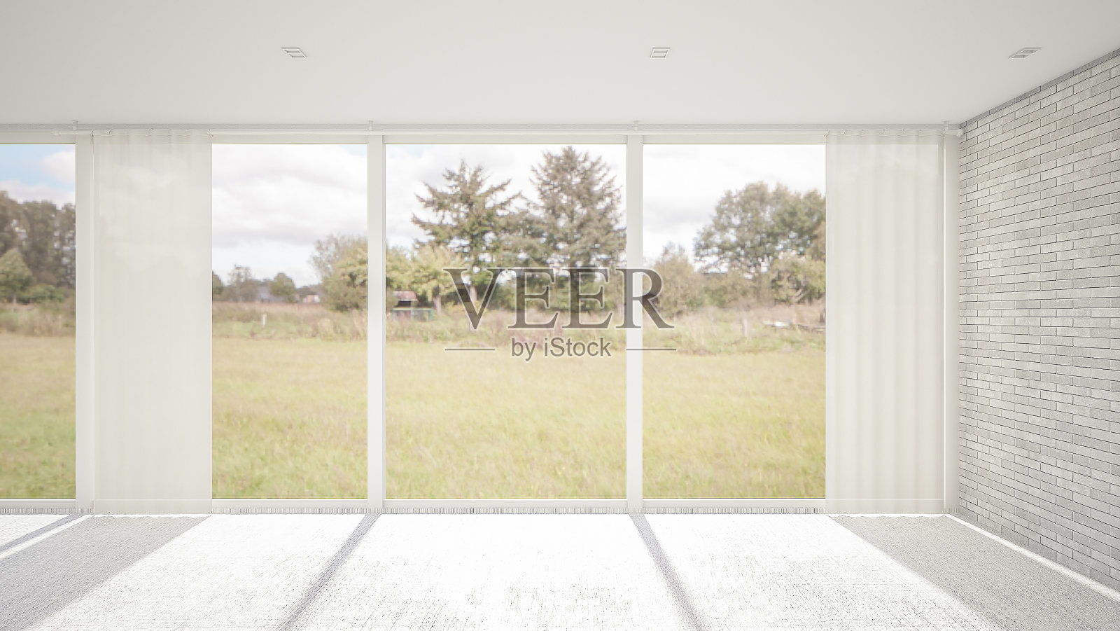 空房和客厅的室内设计具有现代风格，有门窗和石板地面。三维渲染照片摄影图片