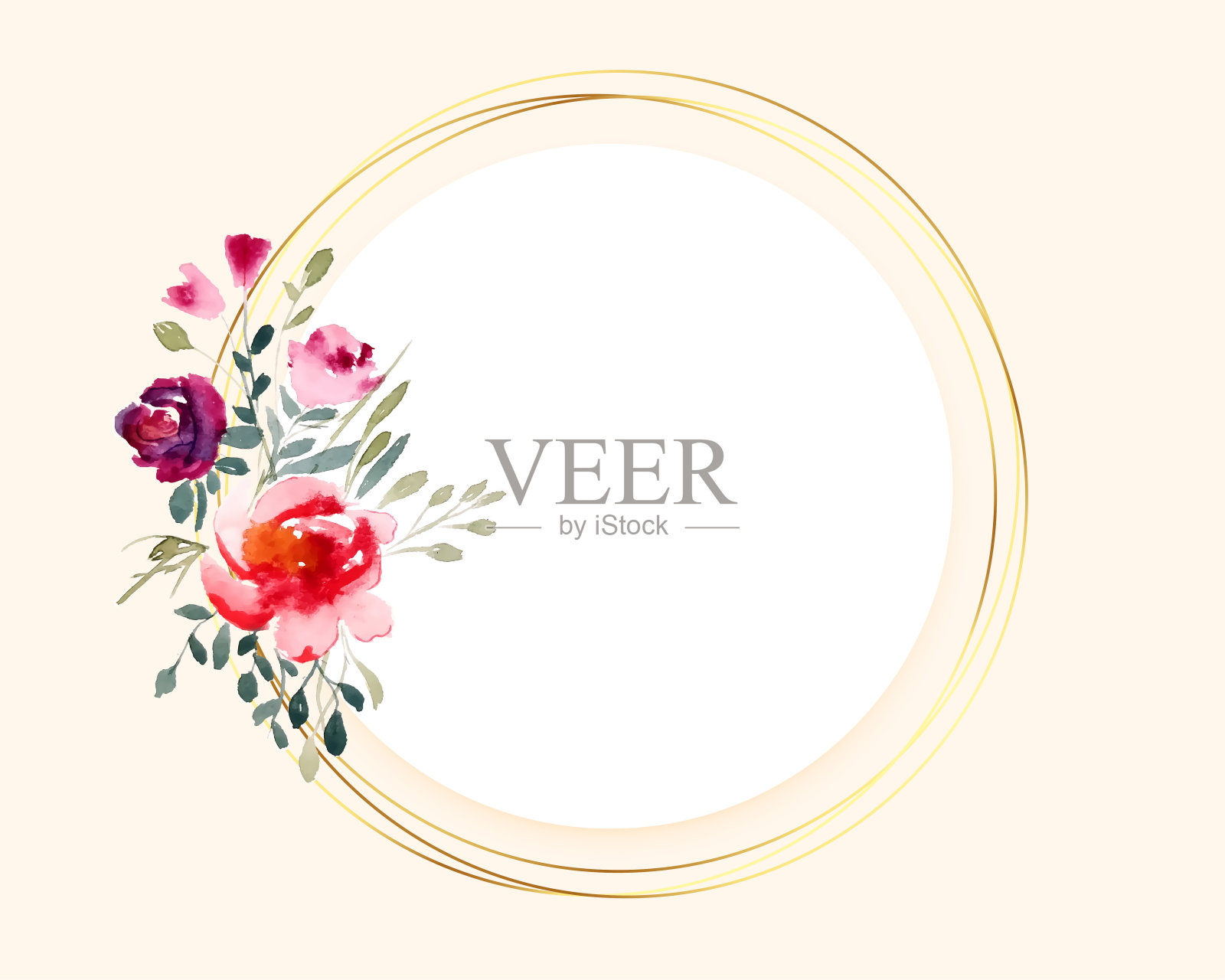 花束水彩花在圆形的金色框架设计插画图片素材