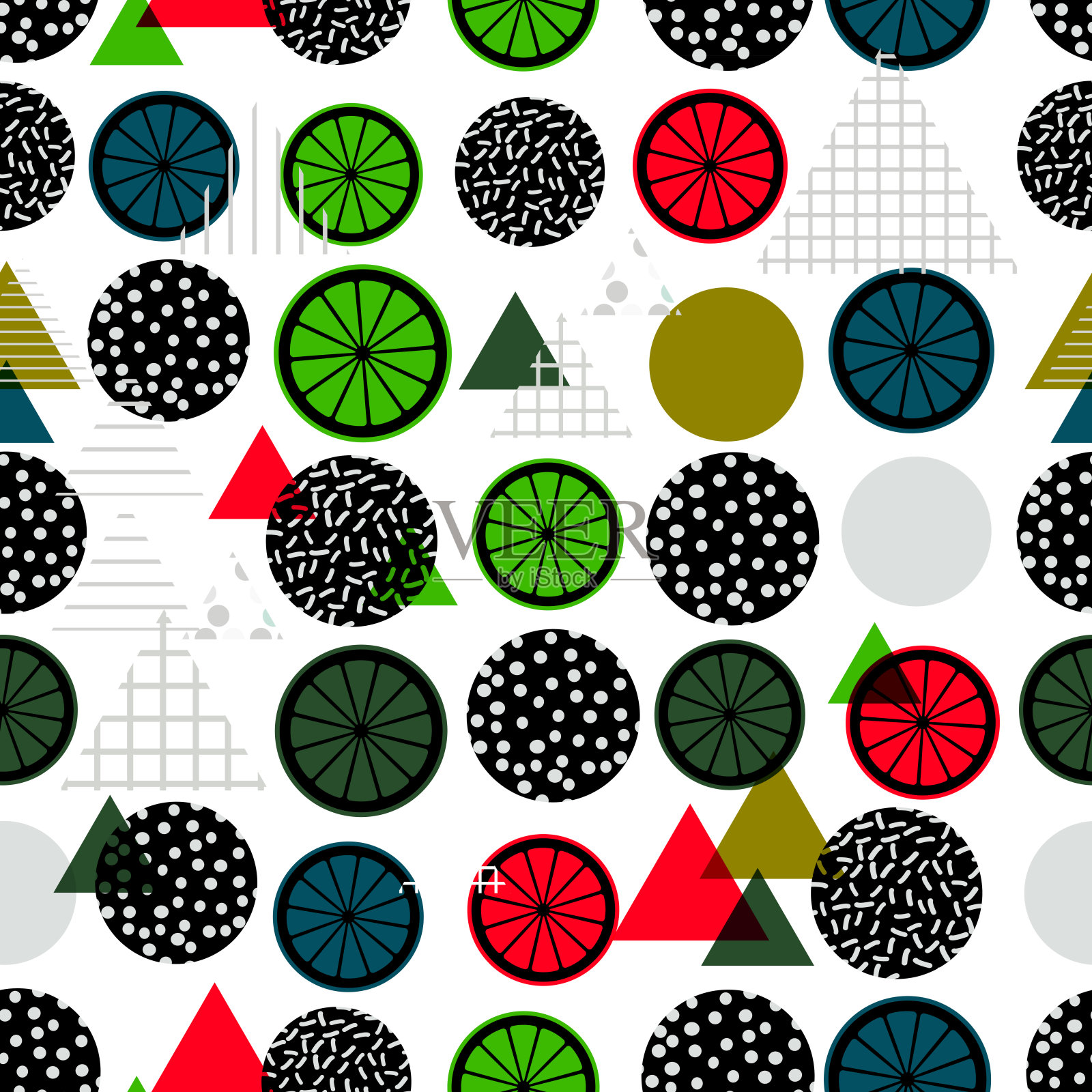 无缝图案柠檬几何元素后现代复古时尚风格80-90年代。形状三角形，黑，红，绿，蓝孤立在白色背景上。礼品包装面料墙纸。向量插画图片素材
