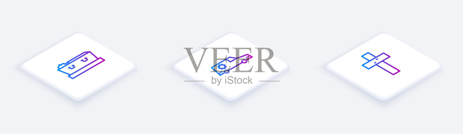 设置棺材与死亡，灵车和基督教十字架等距线。白色正方形按钮。向量插画图片素材