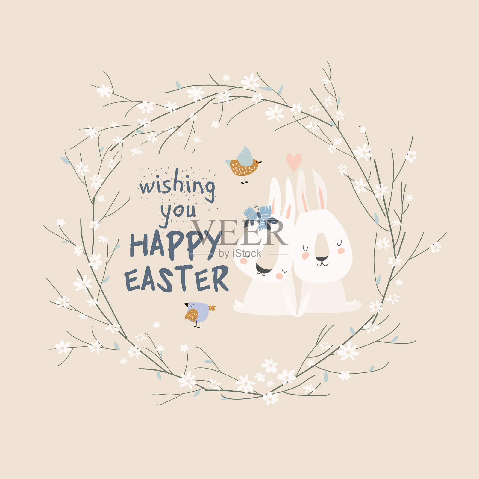 可爱的卡通兔子与复活节彩蛋和鲜花插画图片素材