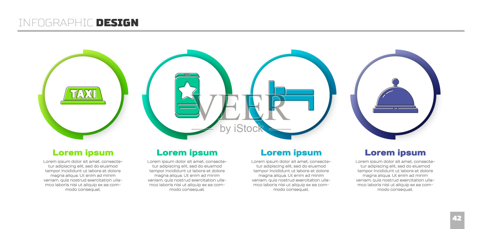 设置出租车车顶，移动与评论评级，床和酒店服务钟。业务信息模板。向量设计模板素材
