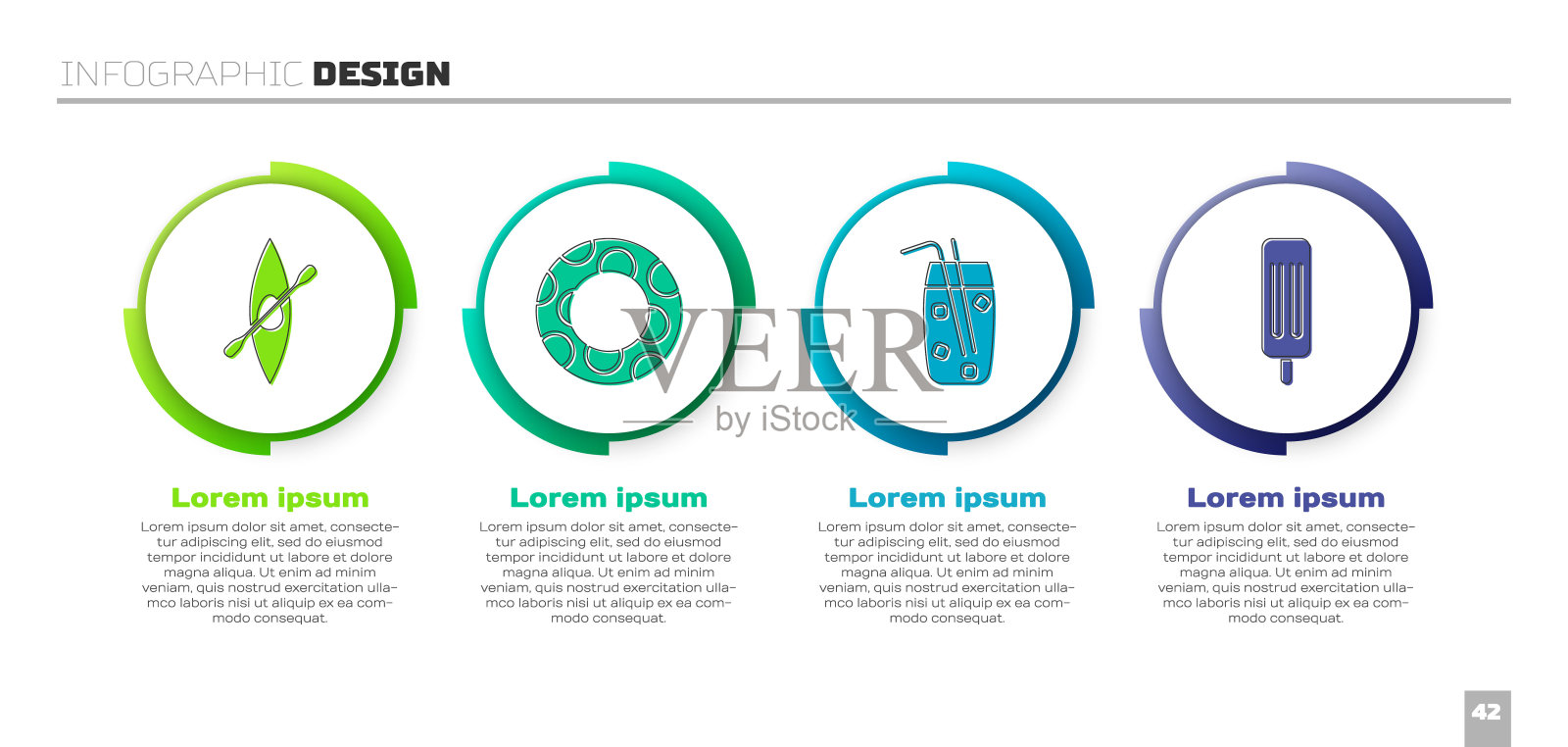 设置皮艇或独木舟和桨，橡胶游泳圈，鸡尾酒和酒精饮料和冰淇淋。业务信息模板。向量设计模板素材