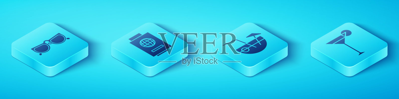 设置等长眼镜，护照票，马提尼杯和椰子鸡尾酒图标。向量插画图片素材