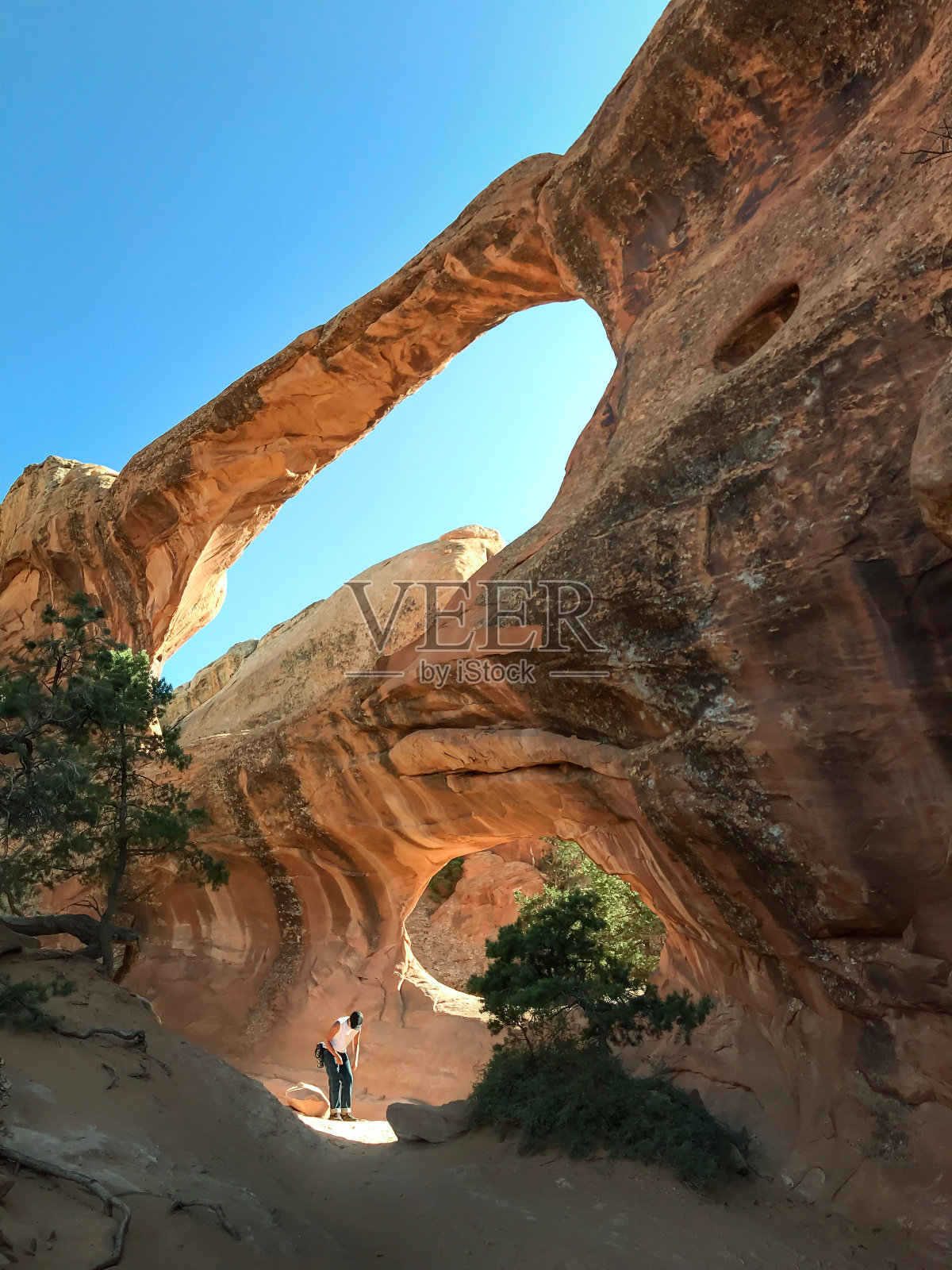 徒步旅行者年轻男子在阳光下透过一扇窗户在红色粘土峡谷的墙壁上站在令人难以置信的双o拱门，拱门国家公园。在目的地休息，欣赏风景照片摄影图片
