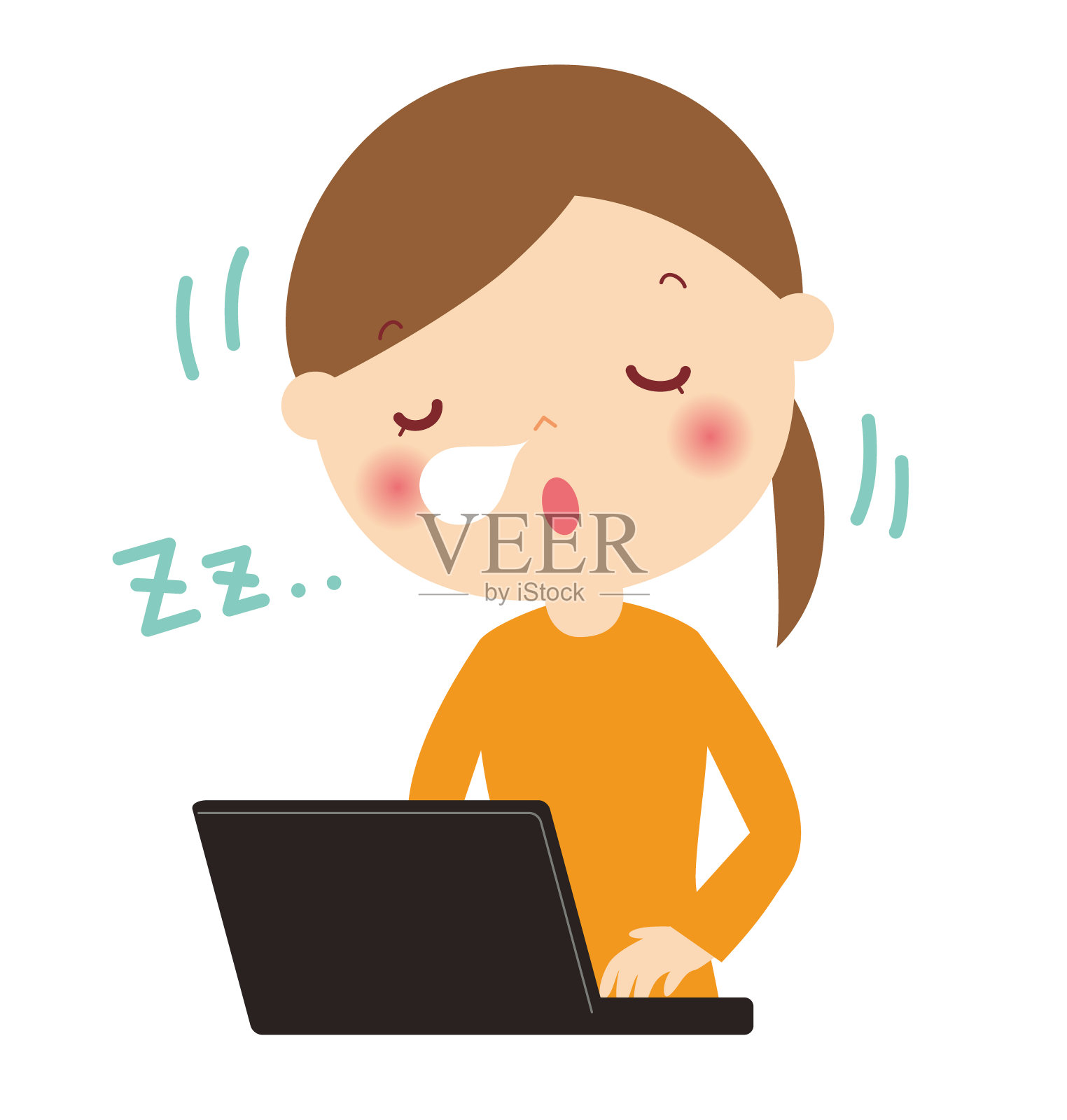 一个女人对着一台个人电脑打盹。插画图片素材