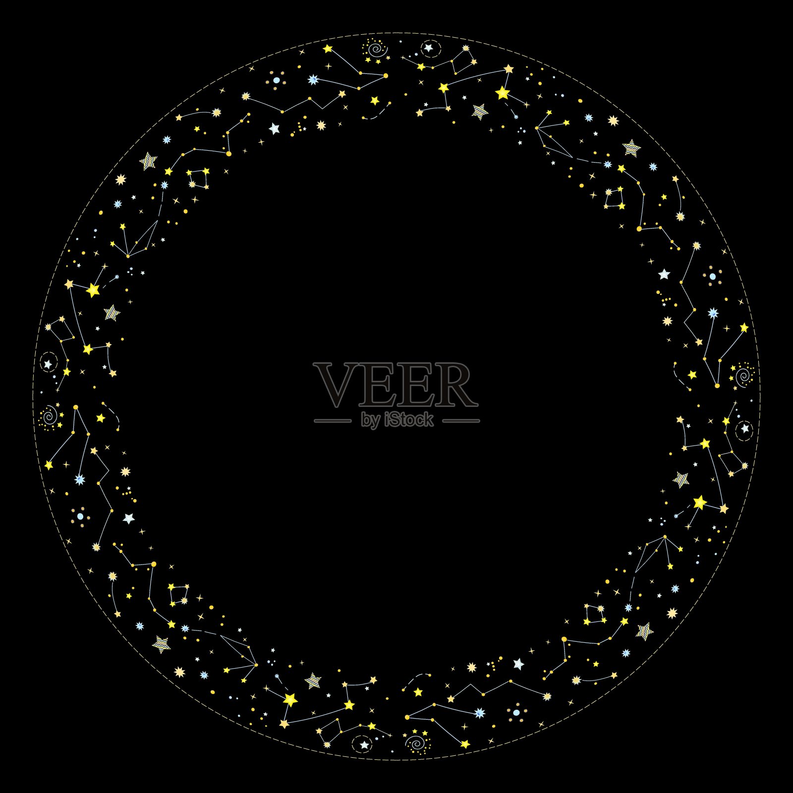 由白色、灰色和黑色的星星和星座组成的星空圆形框架。矢量插图与文本空间隔离在黑色背景上。圣诞和新年横幅插画图片素材