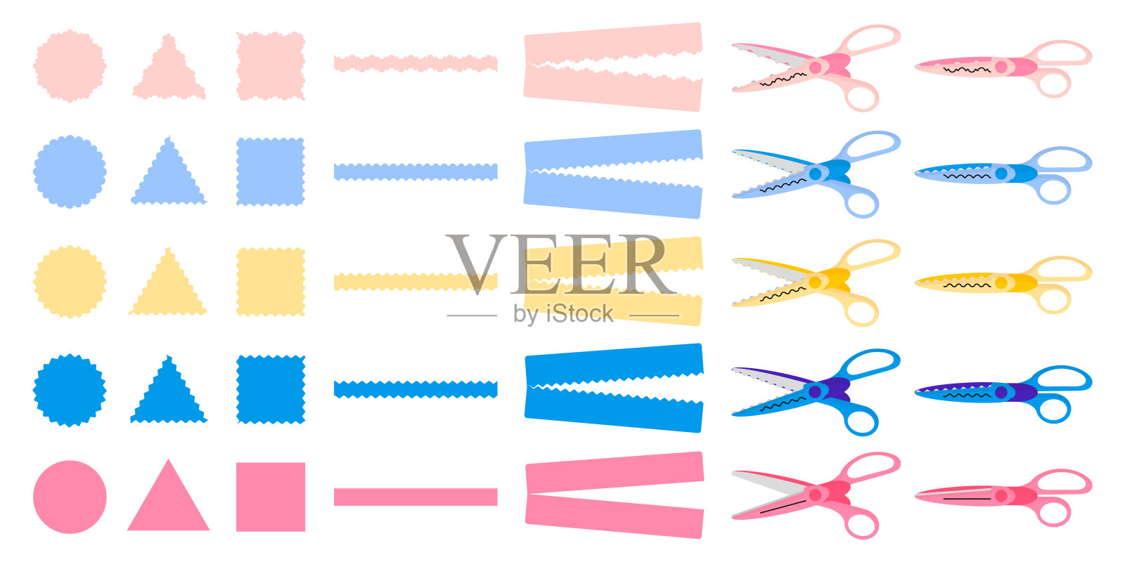 一套矢量卡通插图与不同类型的装饰边剪刀在白色的背景。插画图片素材