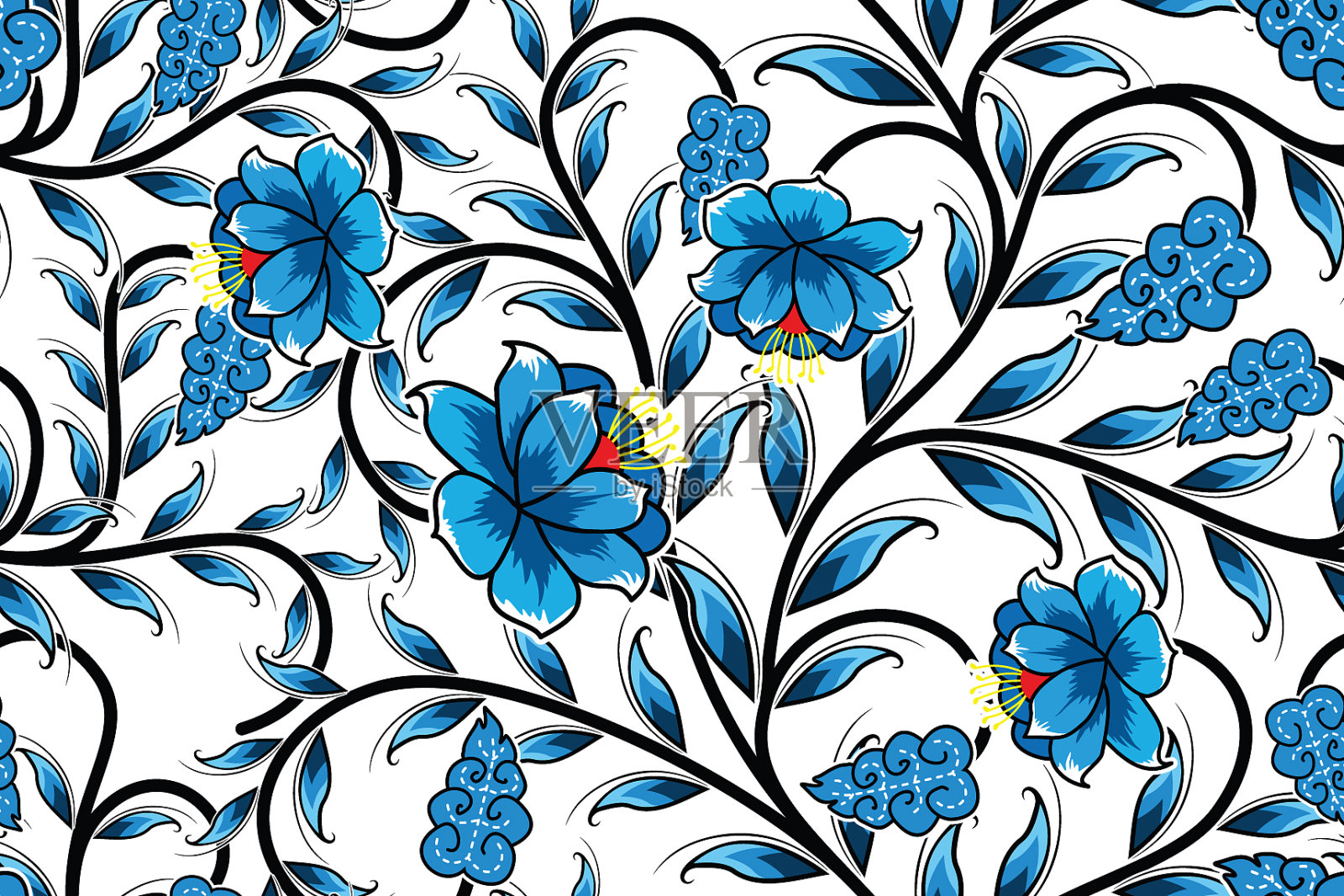 无缝图案与花卉现代蜡染图案插画图片素材