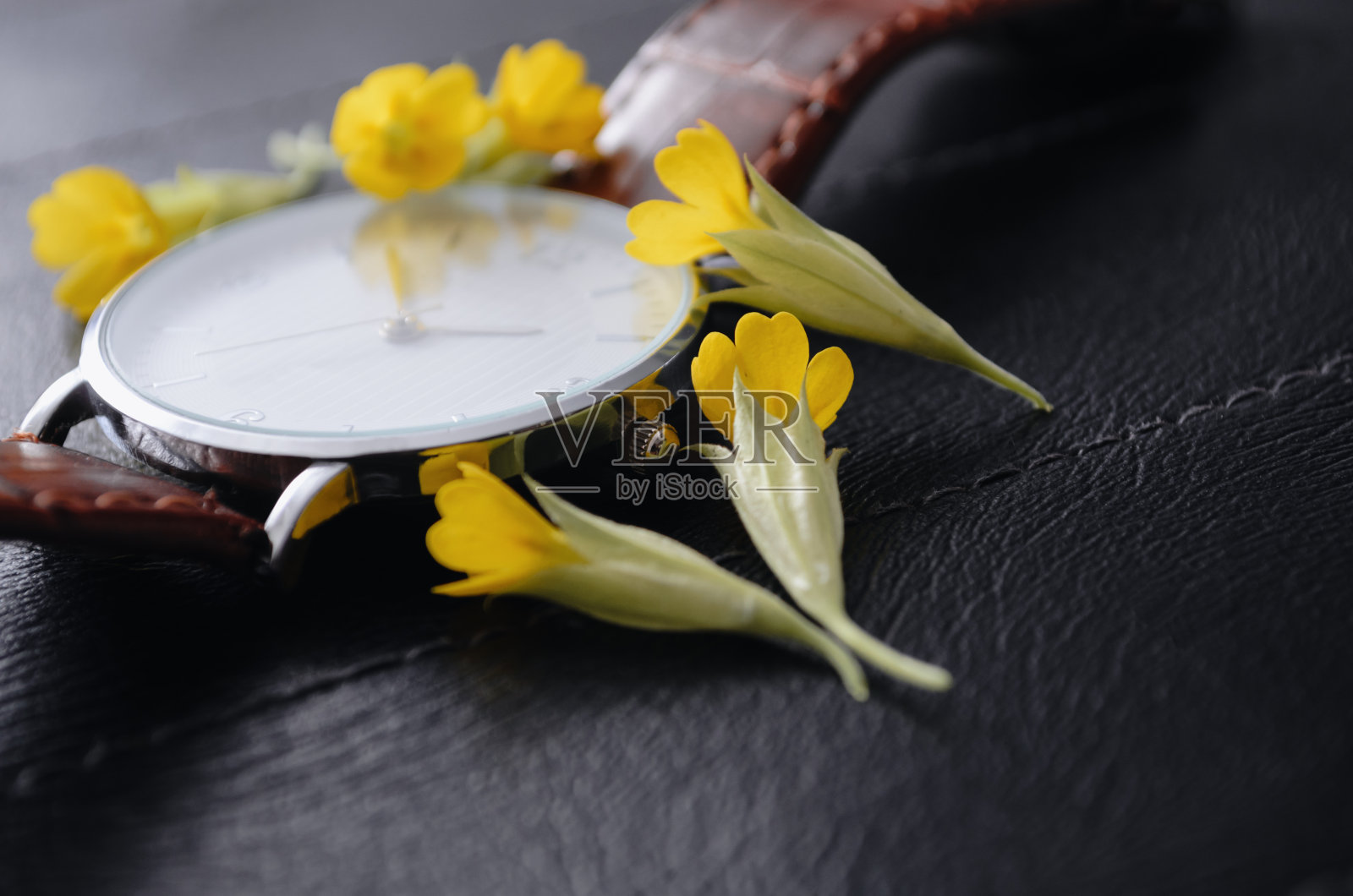 黑色皮革手表。照片摄影图片