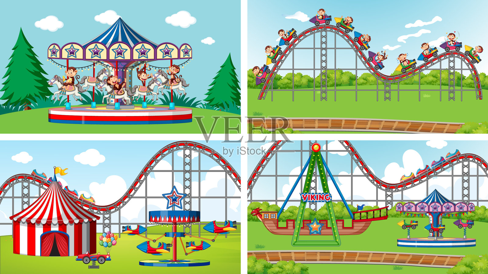四个场景，许多游乐设施插画图片素材