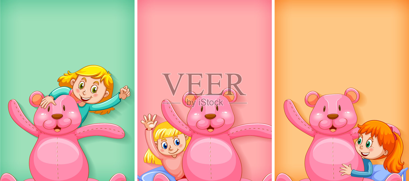 简单的背景，快乐的女孩和粉红色的泰迪熊插画图片素材