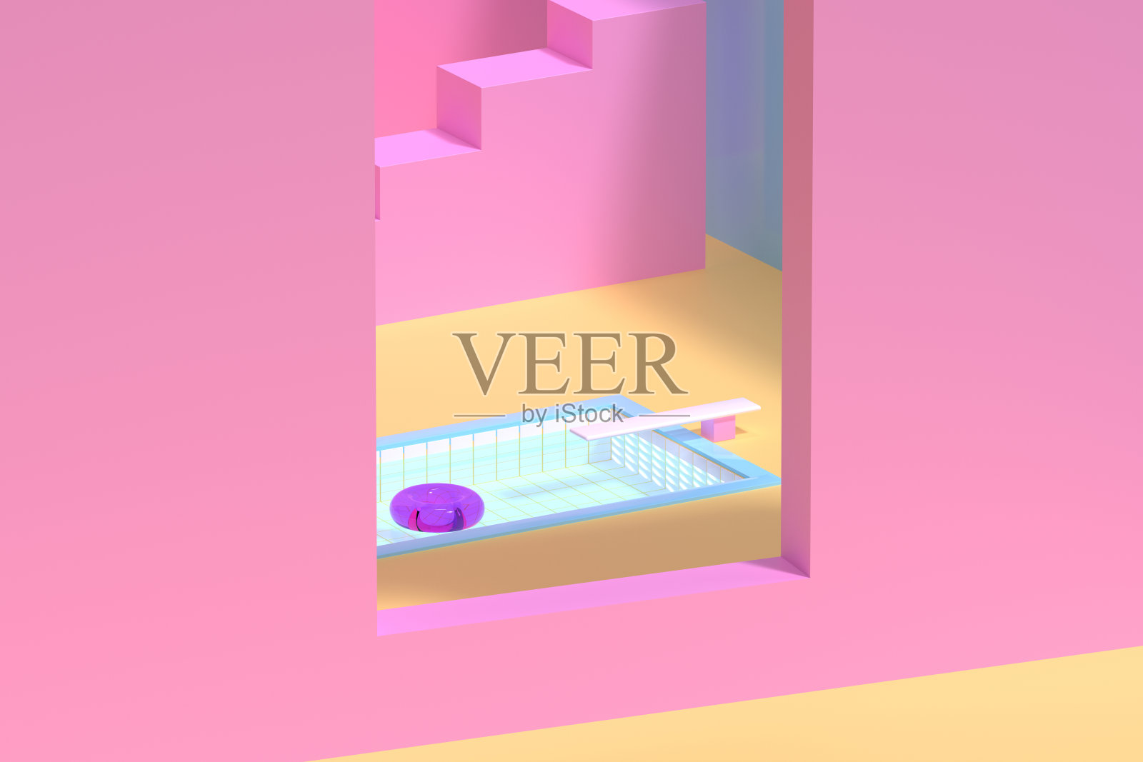 休息室游泳池派对的3d渲染。假日心情背景构成。创意设计背景。从大窗户看到的晚景。几何和最小。照片摄影图片