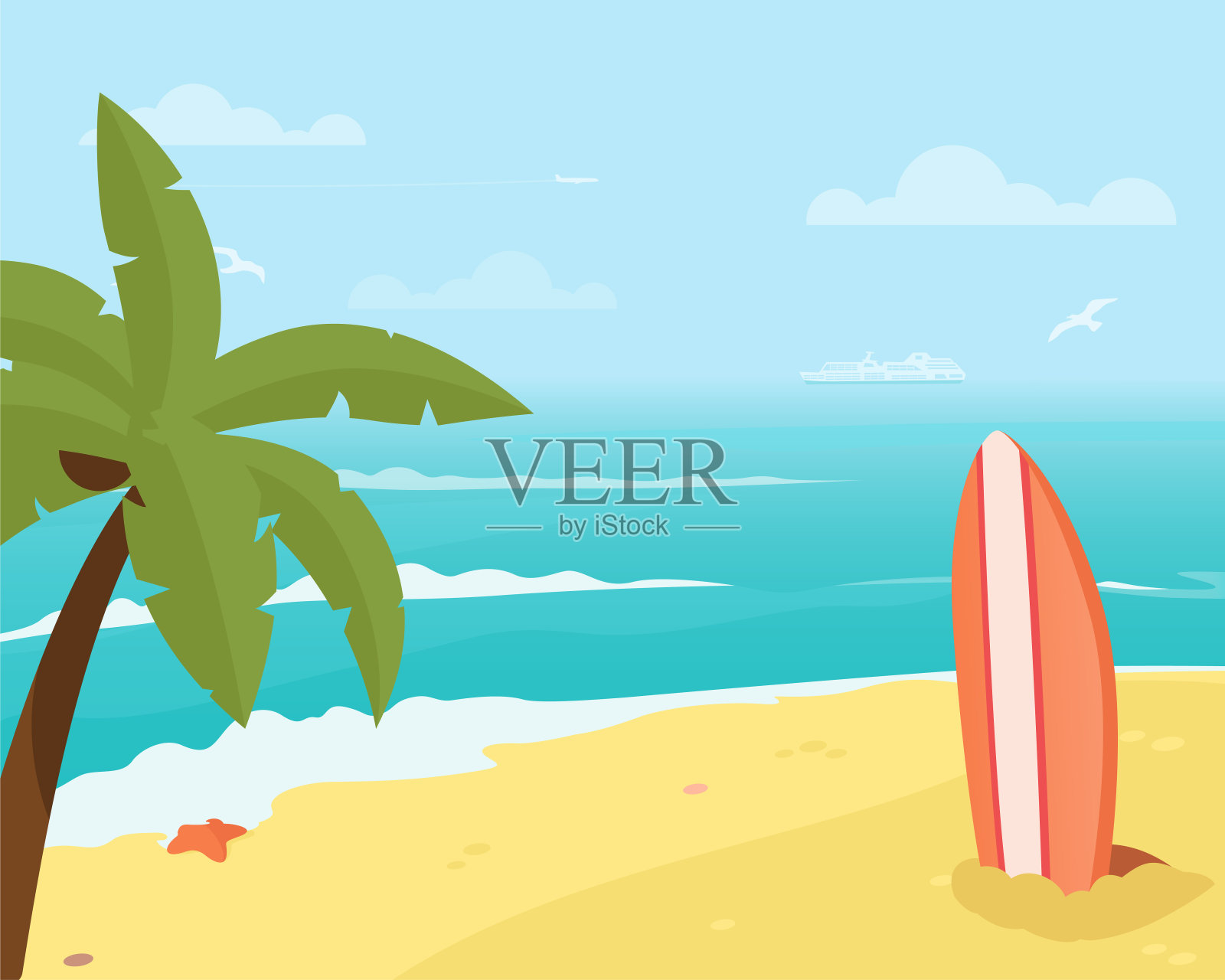 阳光明媚的海面全景图。热带海滩和海洋景观与棕榈树和冲浪板。股票向量背景。插画图片素材