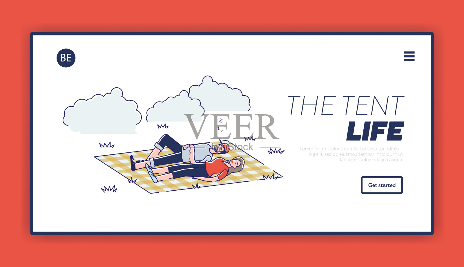 夏季活动登陆页面。一对情侣躺在毯子上，在公园里放松野餐后的户外插画图片素材