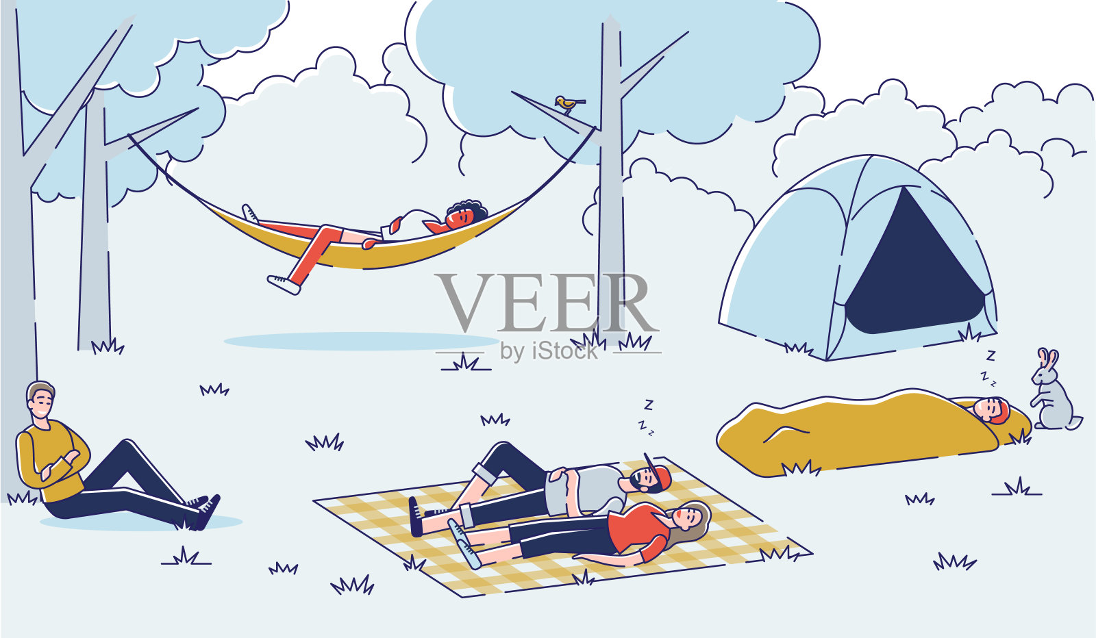 人们在徒步旅行时放松。一群朋友在户外露营插画图片素材