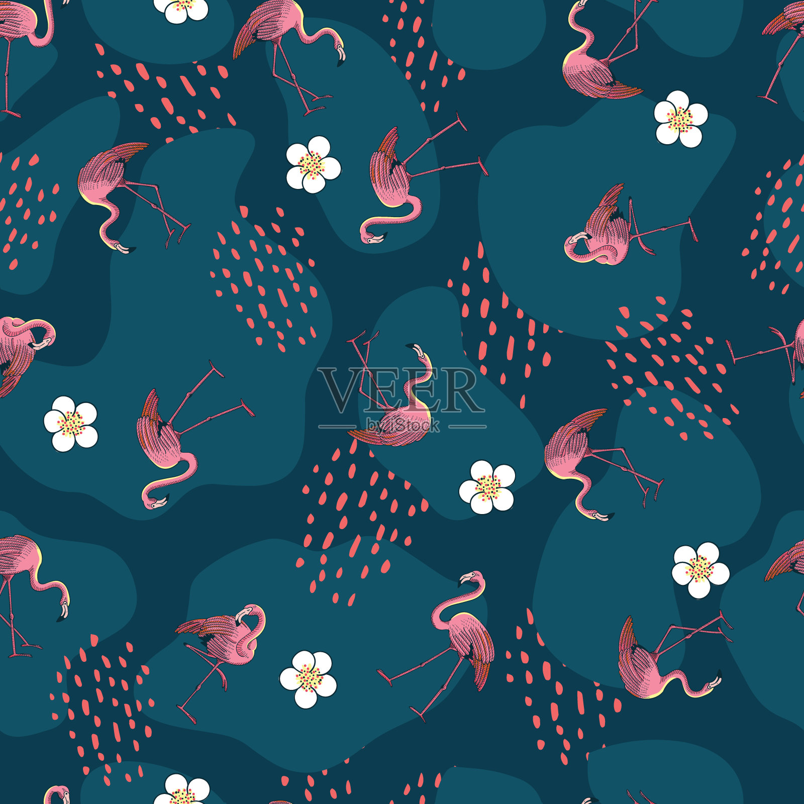 小火烈鸟和花矢量无缝模式插画图片素材