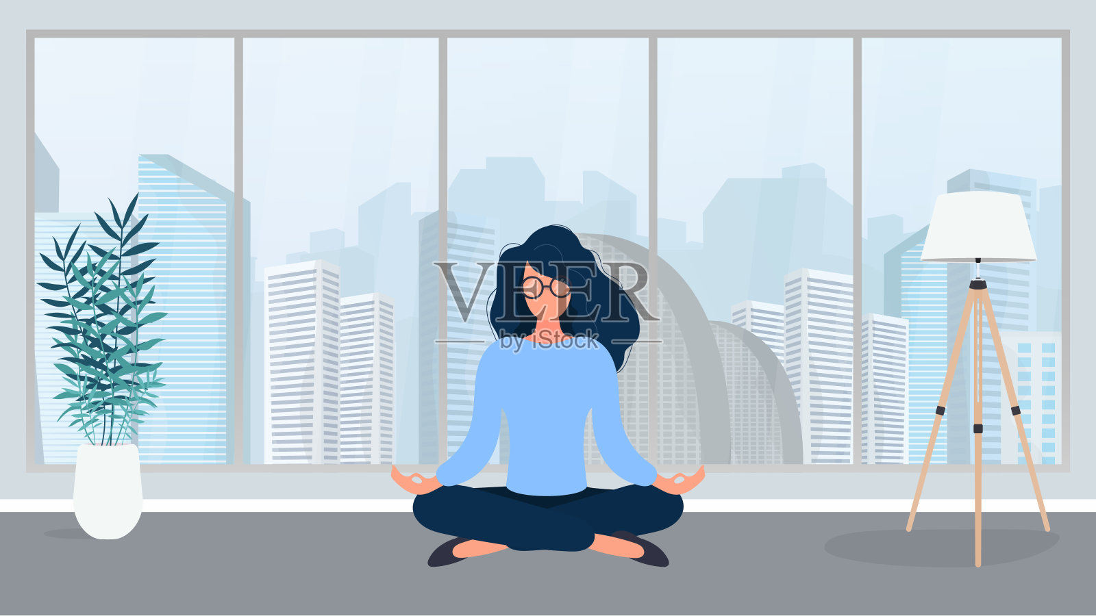 戴眼镜的女孩在办公室冥想。放松、冥想、瑜伽和工作后休息的概念。向量。插画图片素材