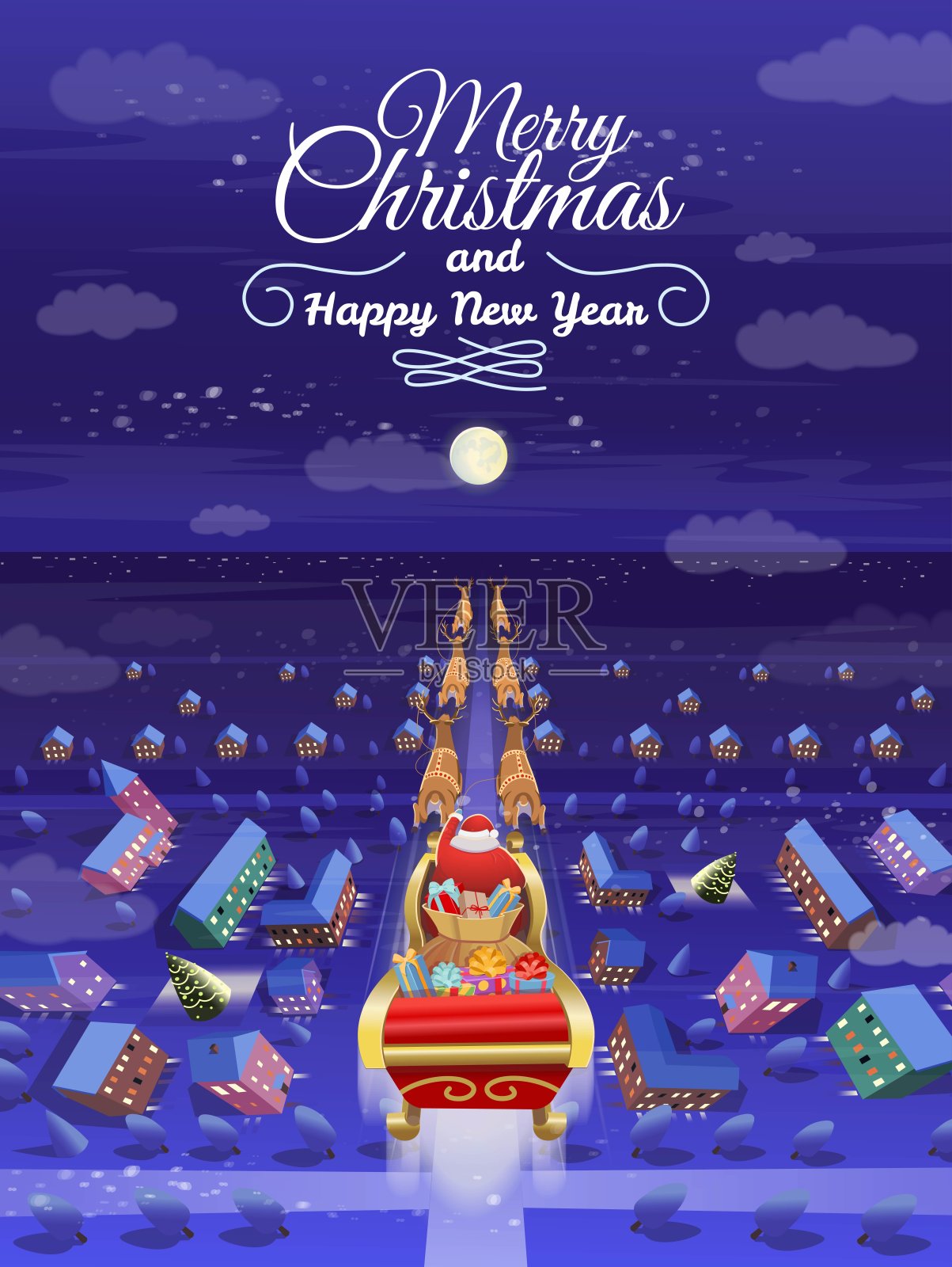 圣诞老人驾着带着鹿和礼物的雪橇在月光下穿梭。前视图。矢量插图卡通风格。插画图片素材